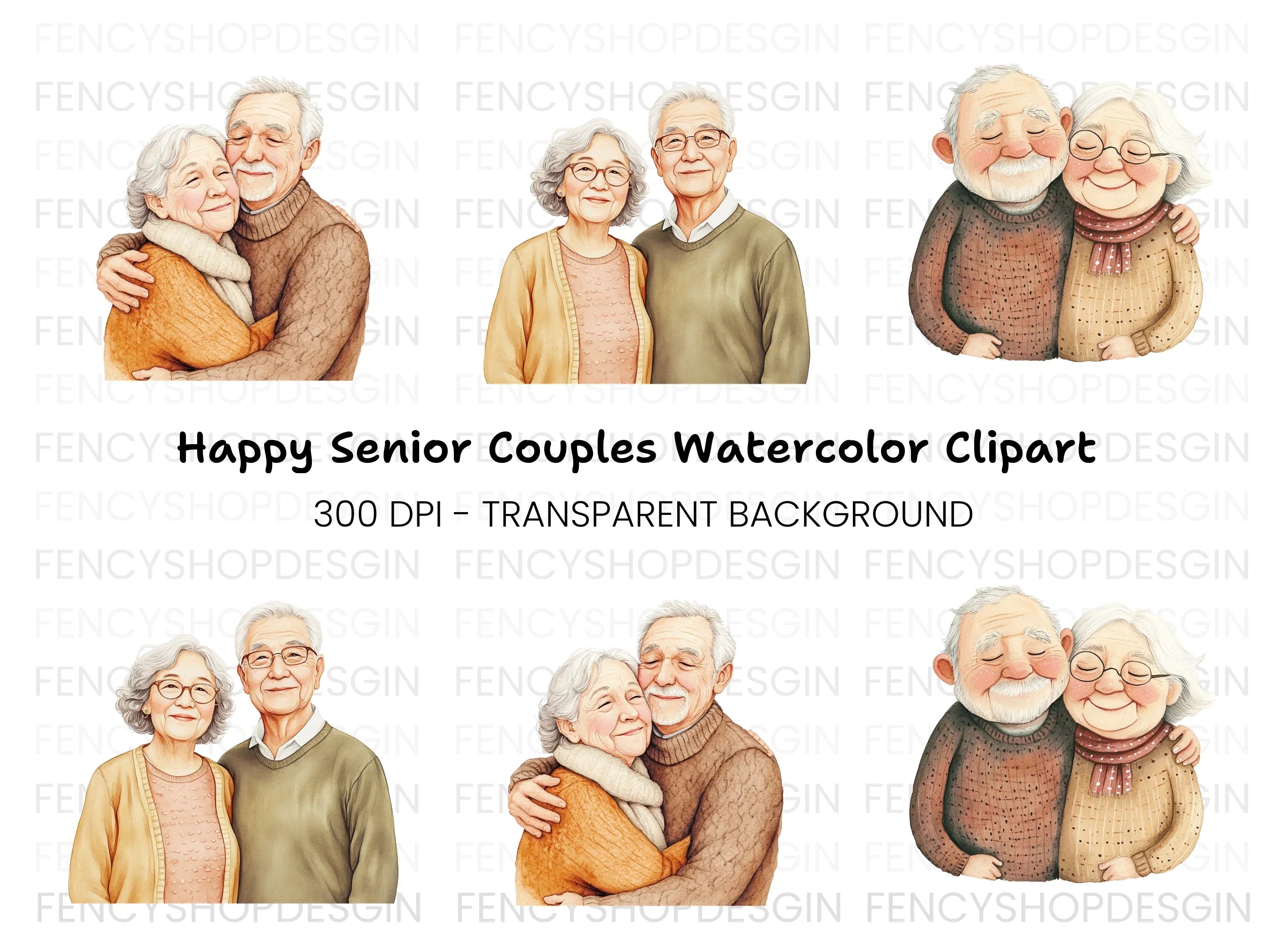 Happy Senior Couples Hugging Clipart Bundle