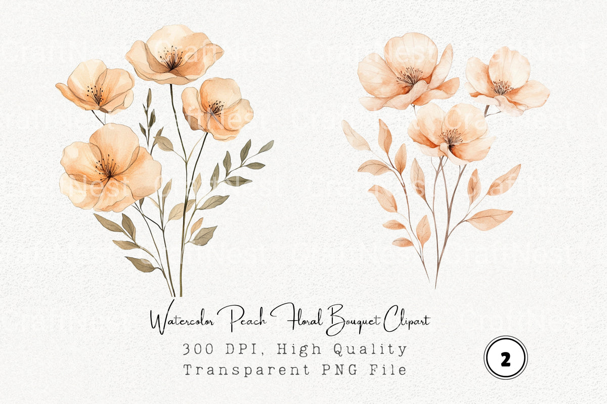 Peach Floral Bouquet Clipart Bundle