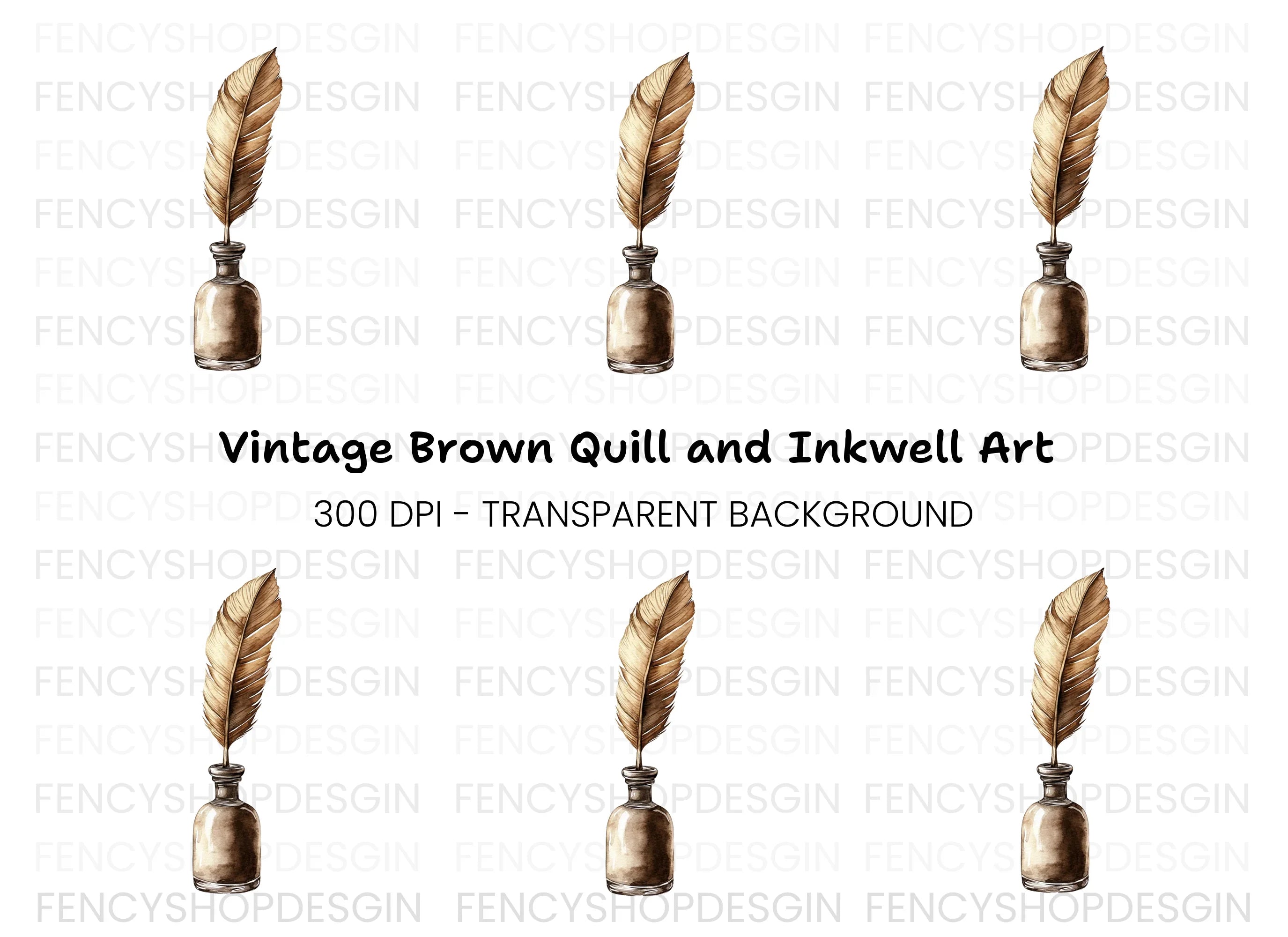 Vintage Feather Quill and Inkwell Clipart Bundle