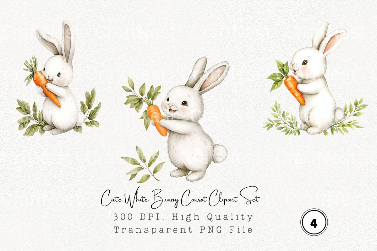 Cute White Bunny Carrot Clipart Bundle