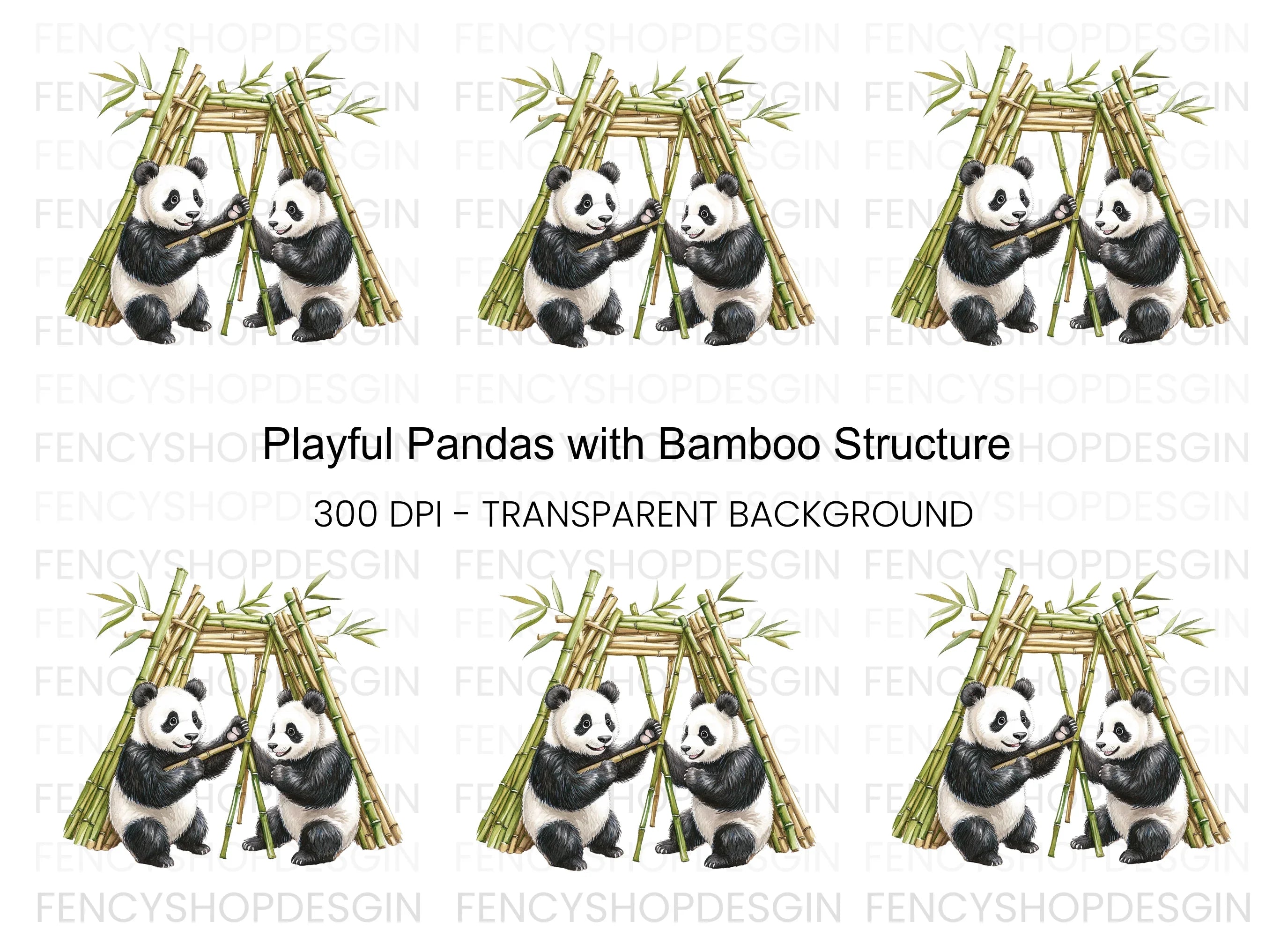Playful Pandas with Bamboo Hut Clipart Bundle