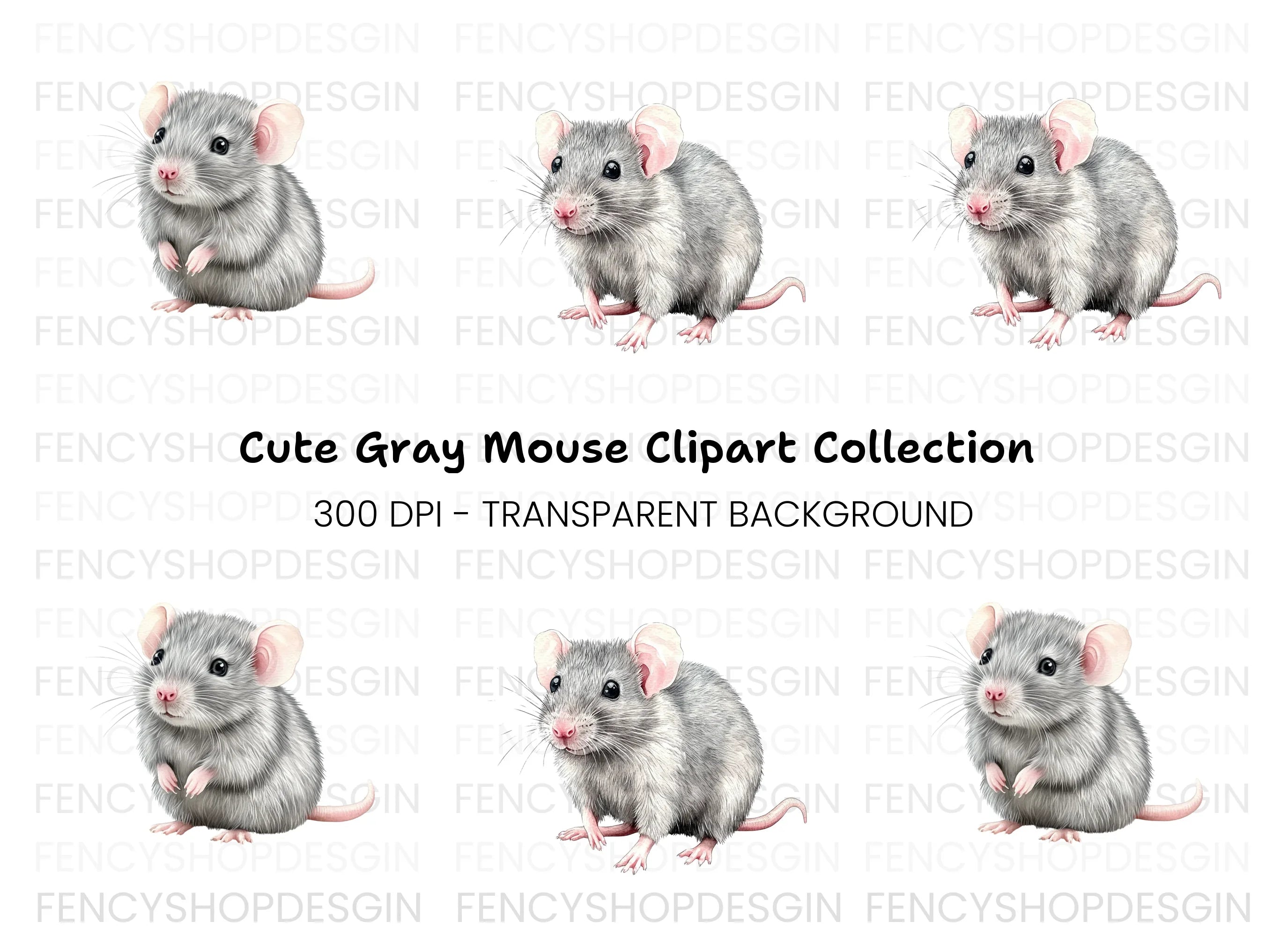 Cute Grey Mouse Clipart Bundle