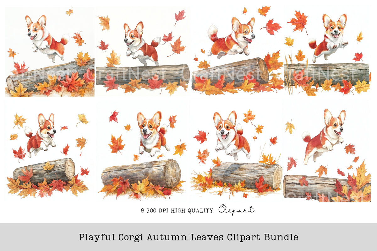Playful Corgi Autumn Leaves Clipart Bundle