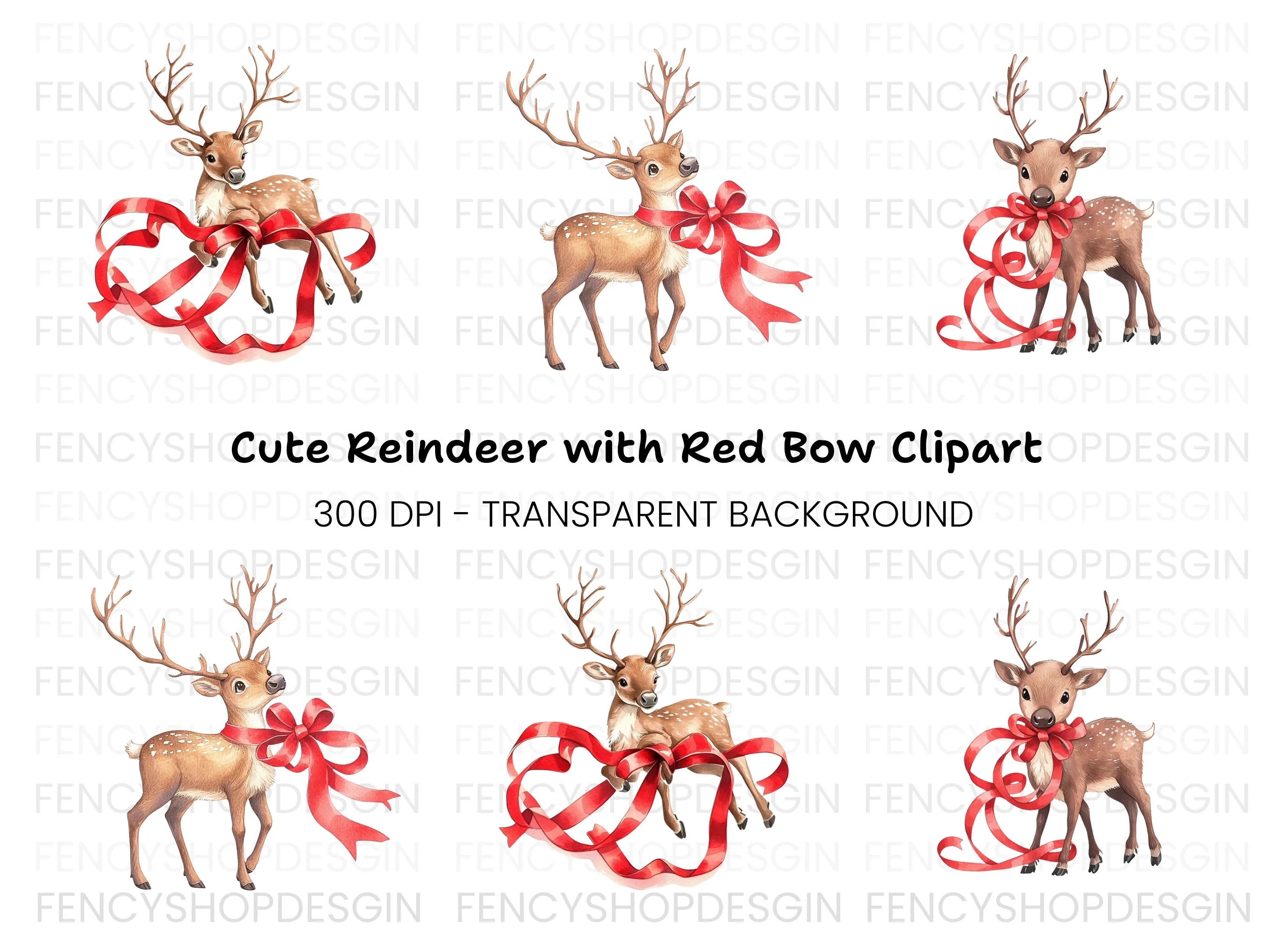 Cute Christmas Reindeer with Red Ribbons Clipart Bundle