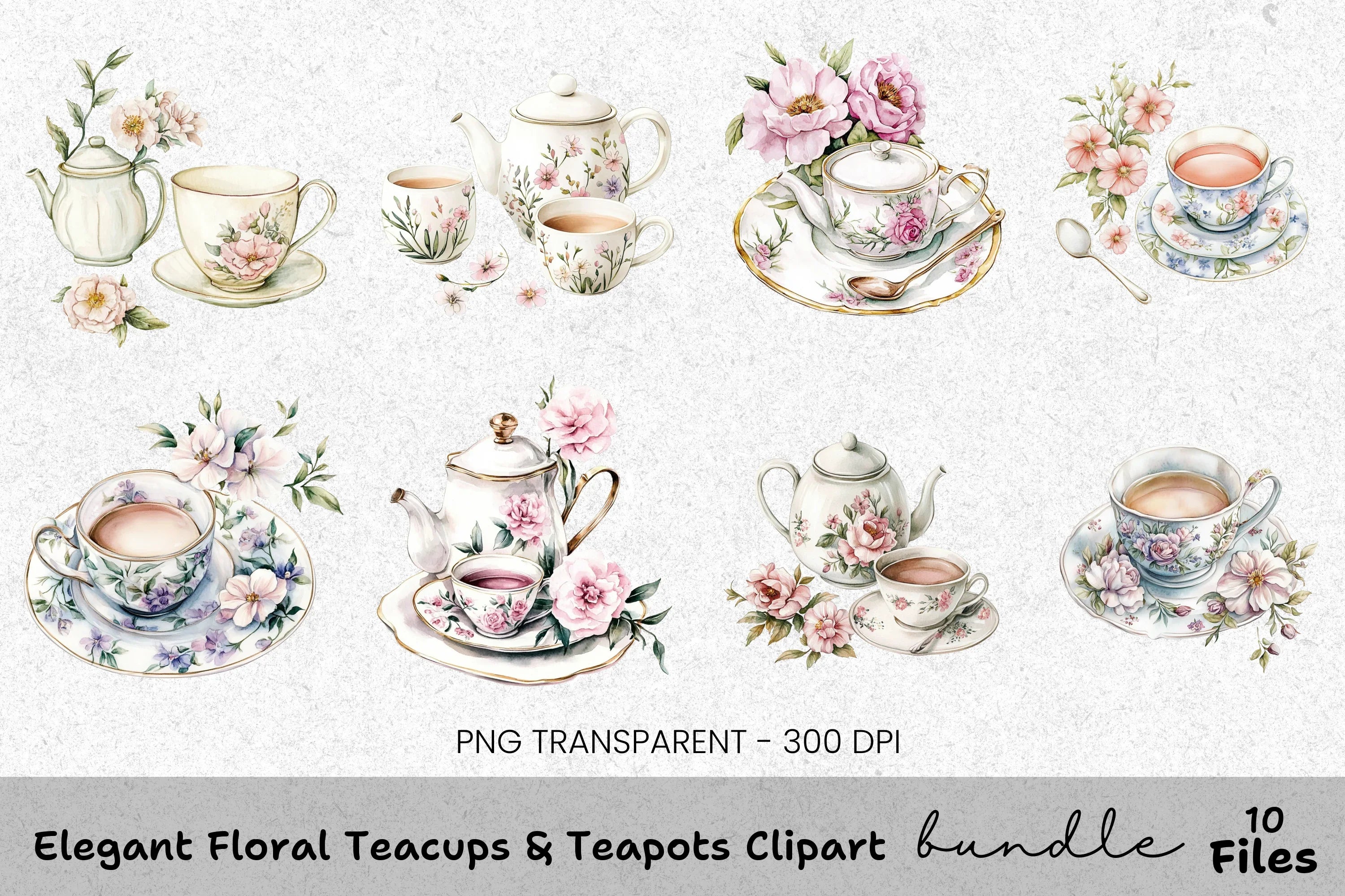 Elegant Floral Teacups & Teapots Clipart Bundle