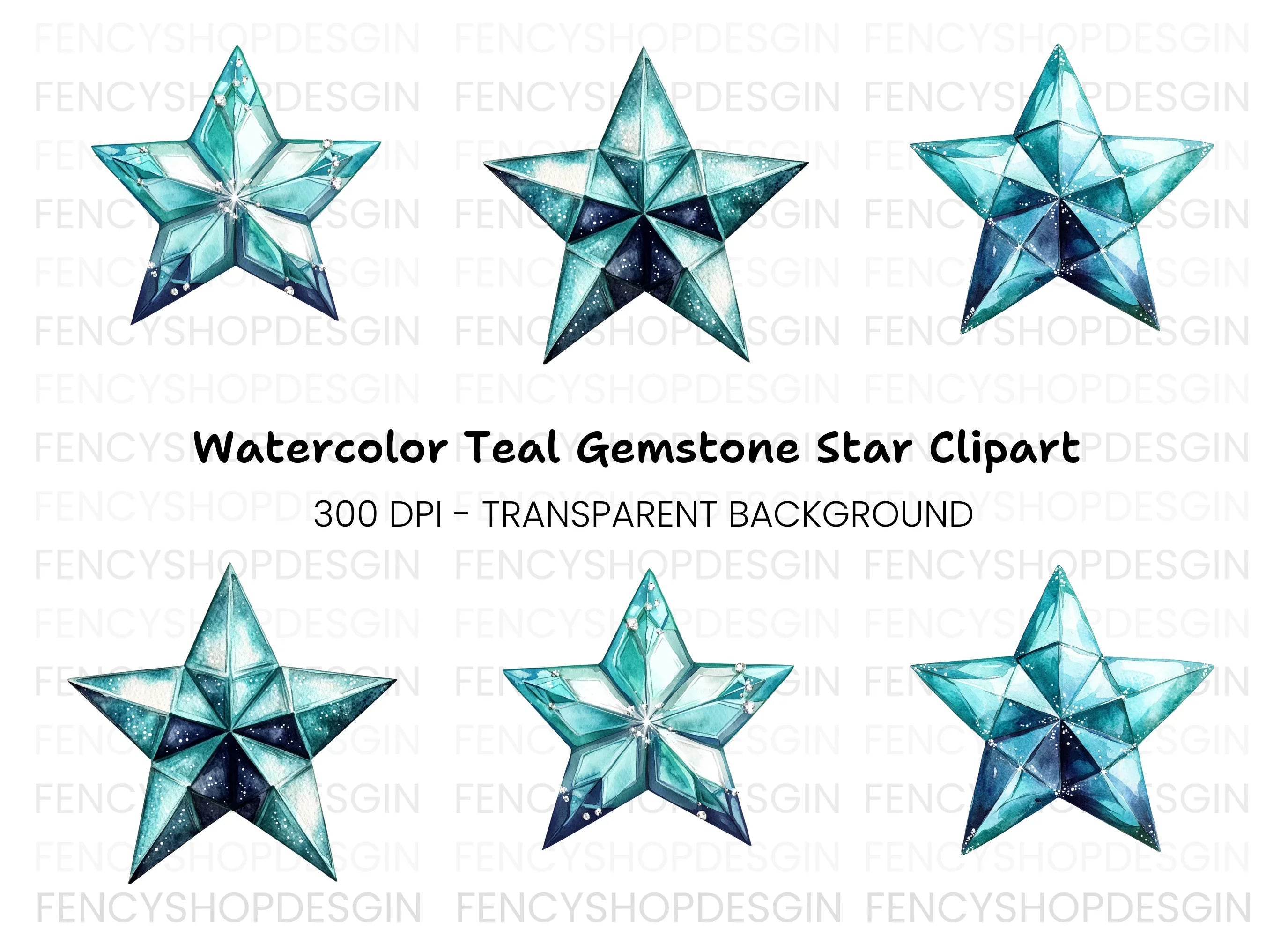 Geometric Blue Crystal Stars Clipart Bundle