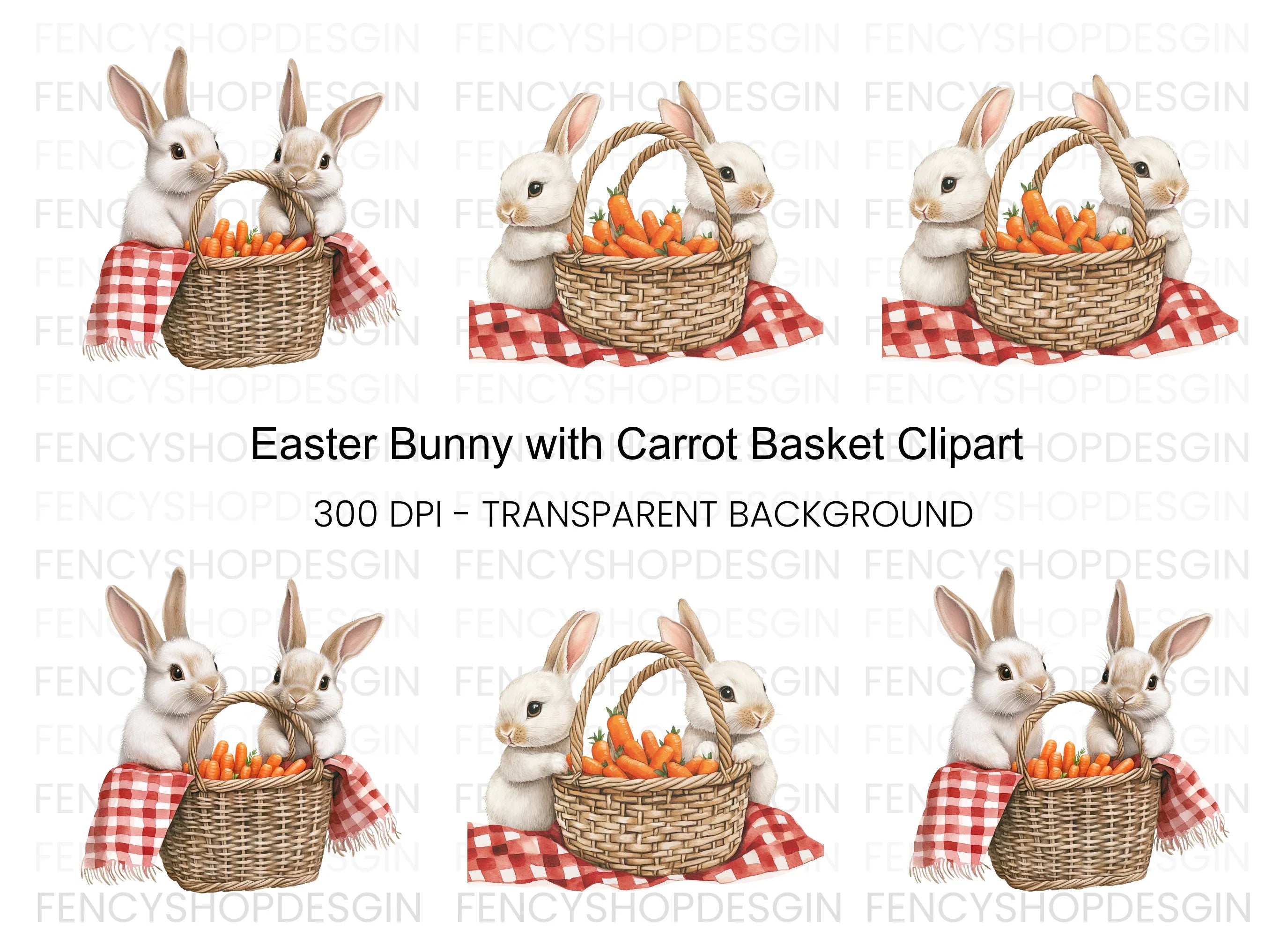 Cute Bunnies with Carrot Baskets Clipart Bundle