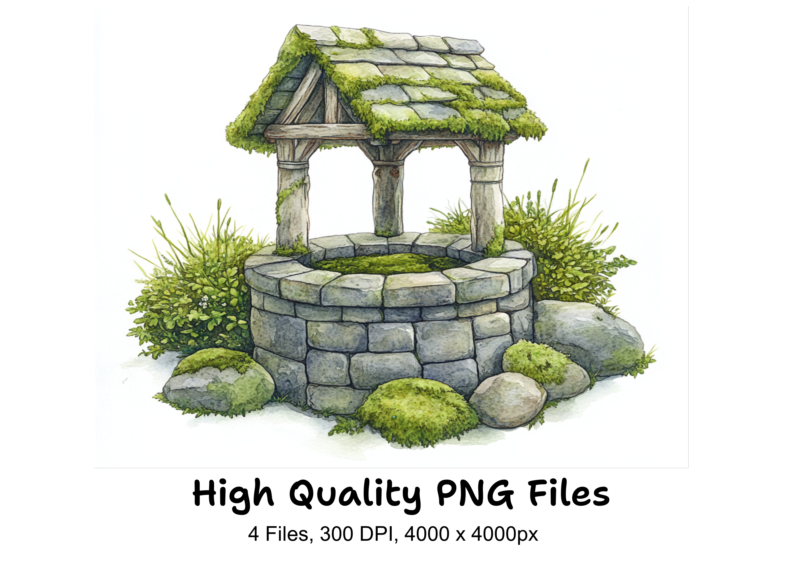 Mossy Stone Wishing Well Clipart Bundle