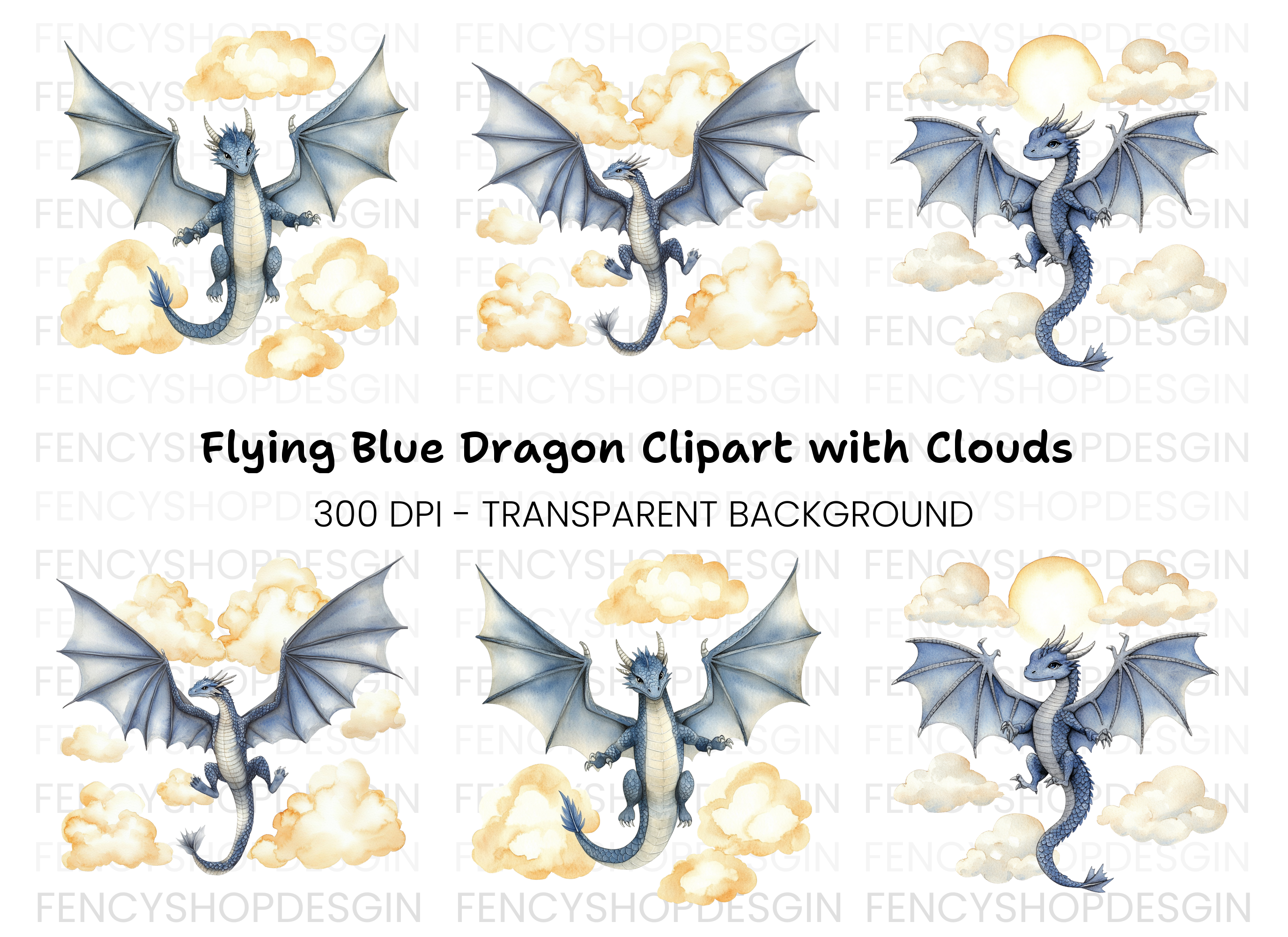 Blue Dragon with Clouds Clipart Bundle