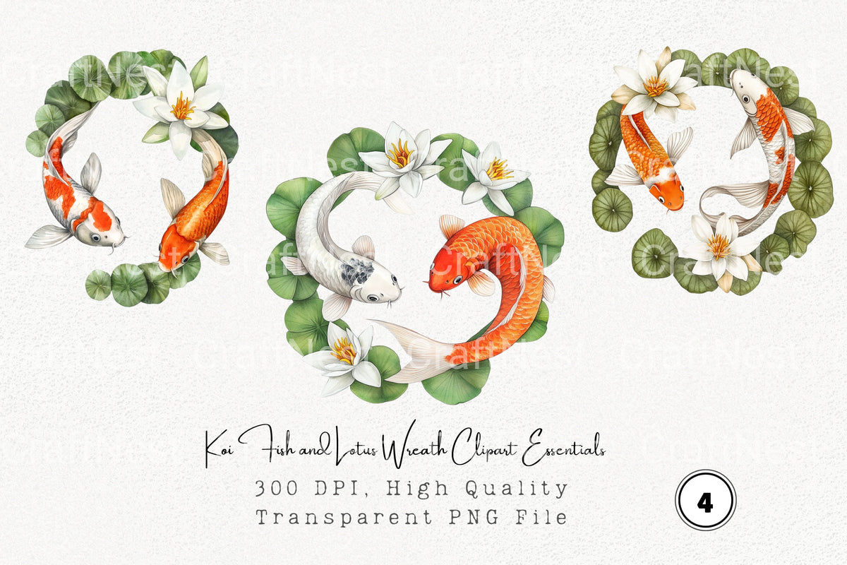 Koi Fish And Lotus Wreath Essentials Clipart Bundle
