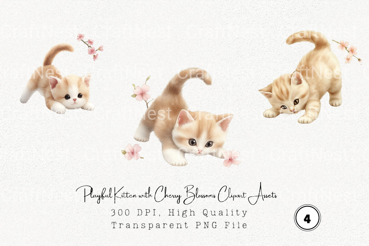 Playful Kitten With Cherry Blossoms Clipart Bundle