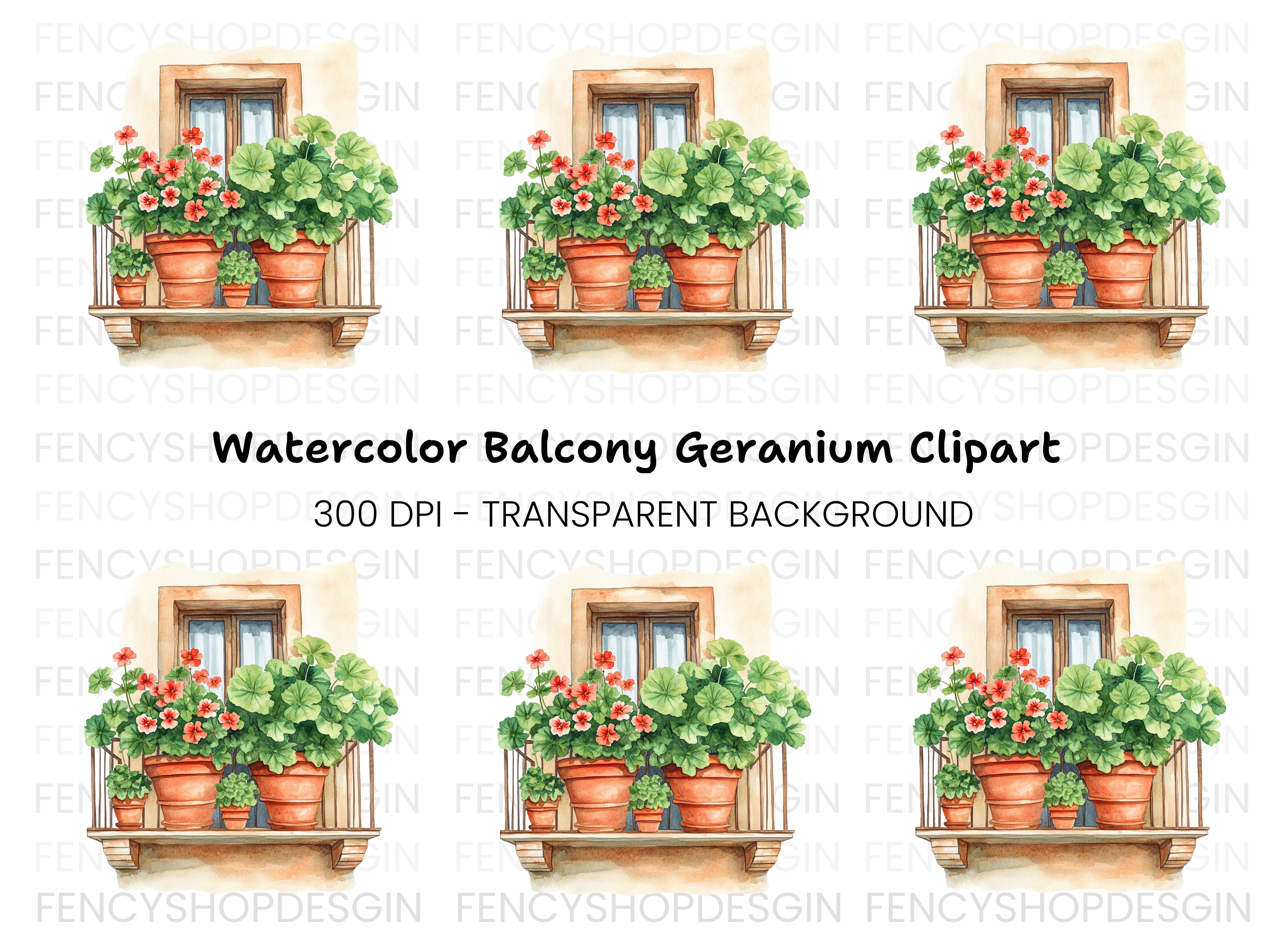 Balcony with Geraniums Clipart Bundle