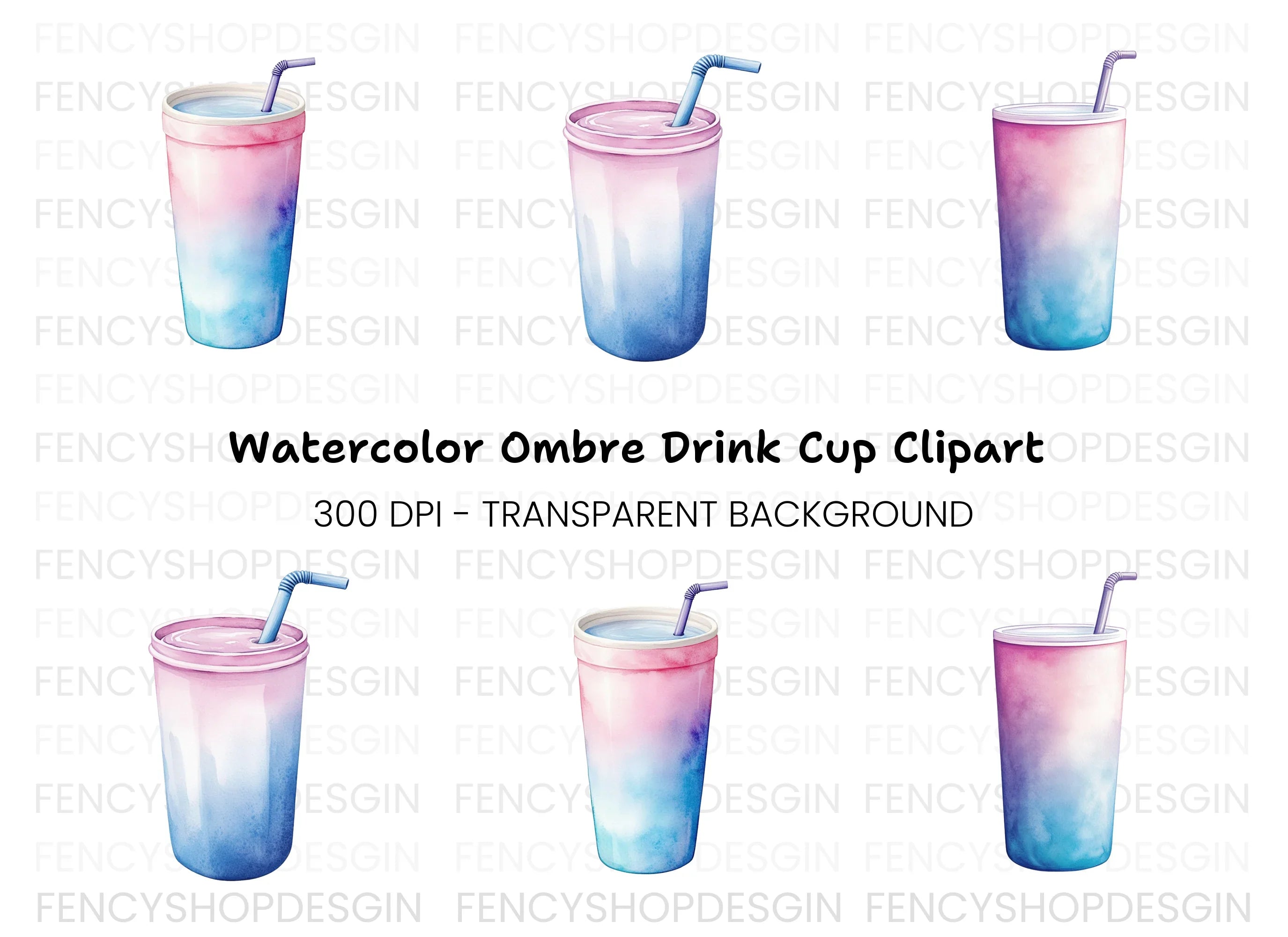 Gradient Drink Cups with Straws Clipart Bundle