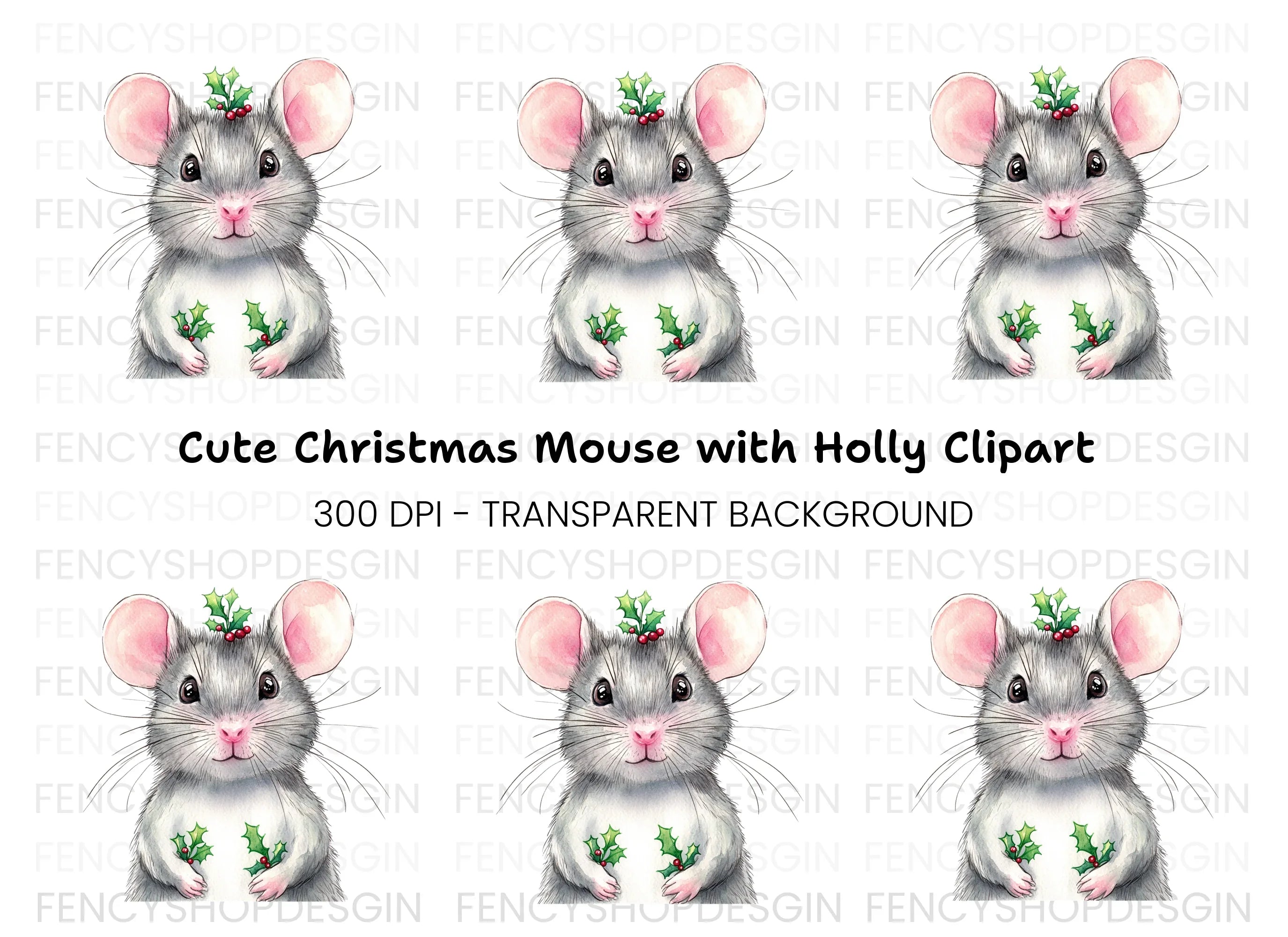 Festive Mouse with Holly Clipart Bundle
