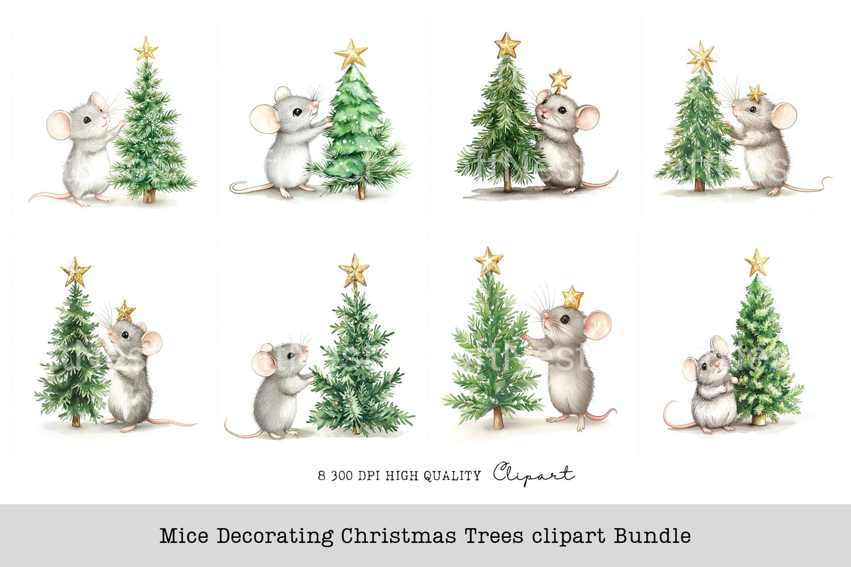 Mice Decorating Christmas Trees Clipart Bundle
