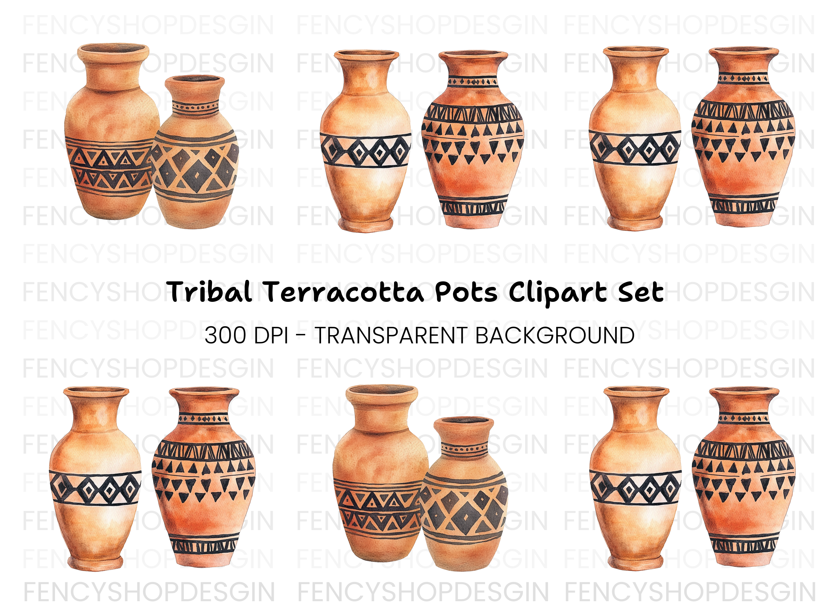 African Inspired Clay Pots Clipart Bundle