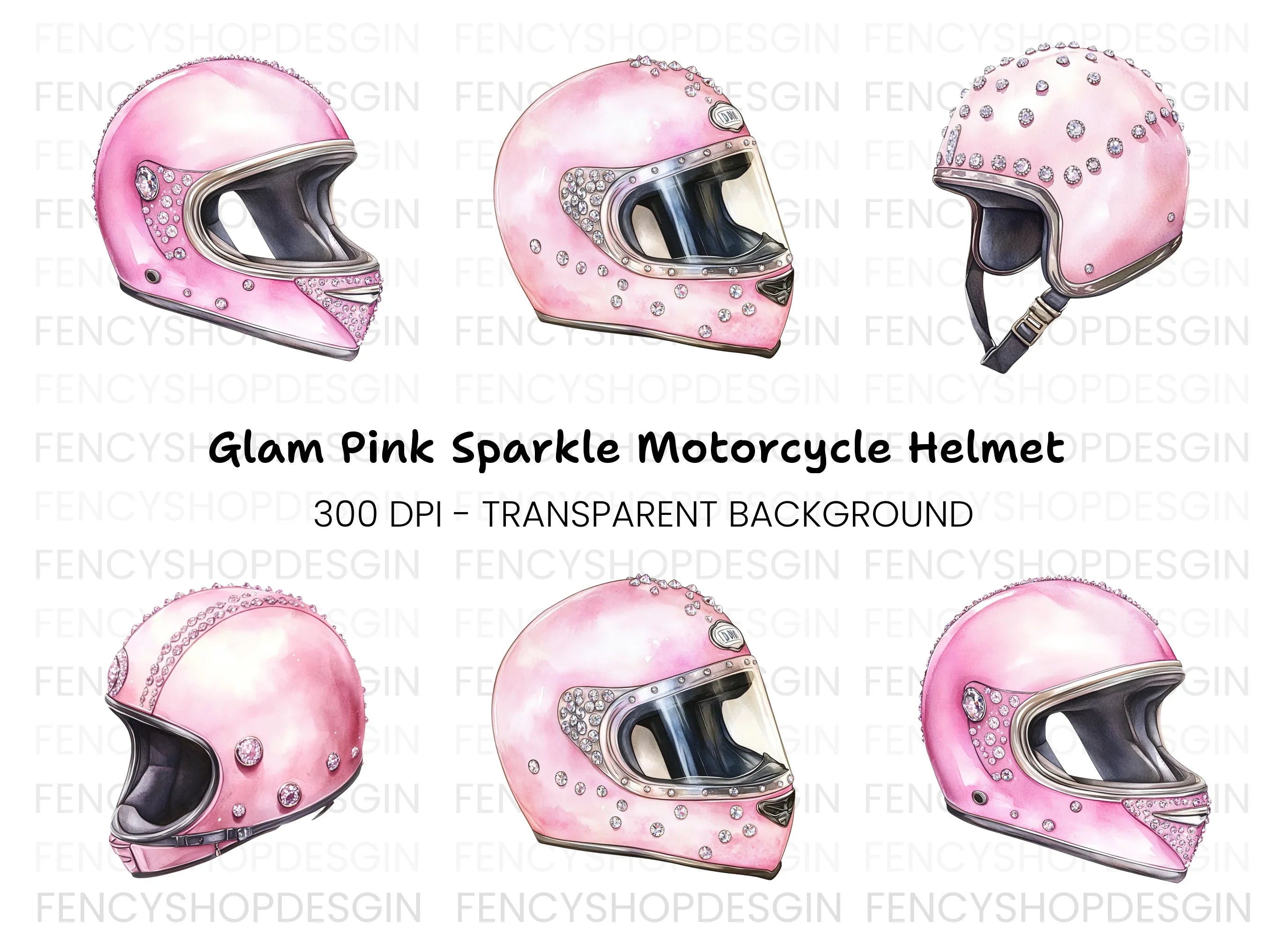 Pink Rhinestone Motorcycle Helmets Clipart Bundle