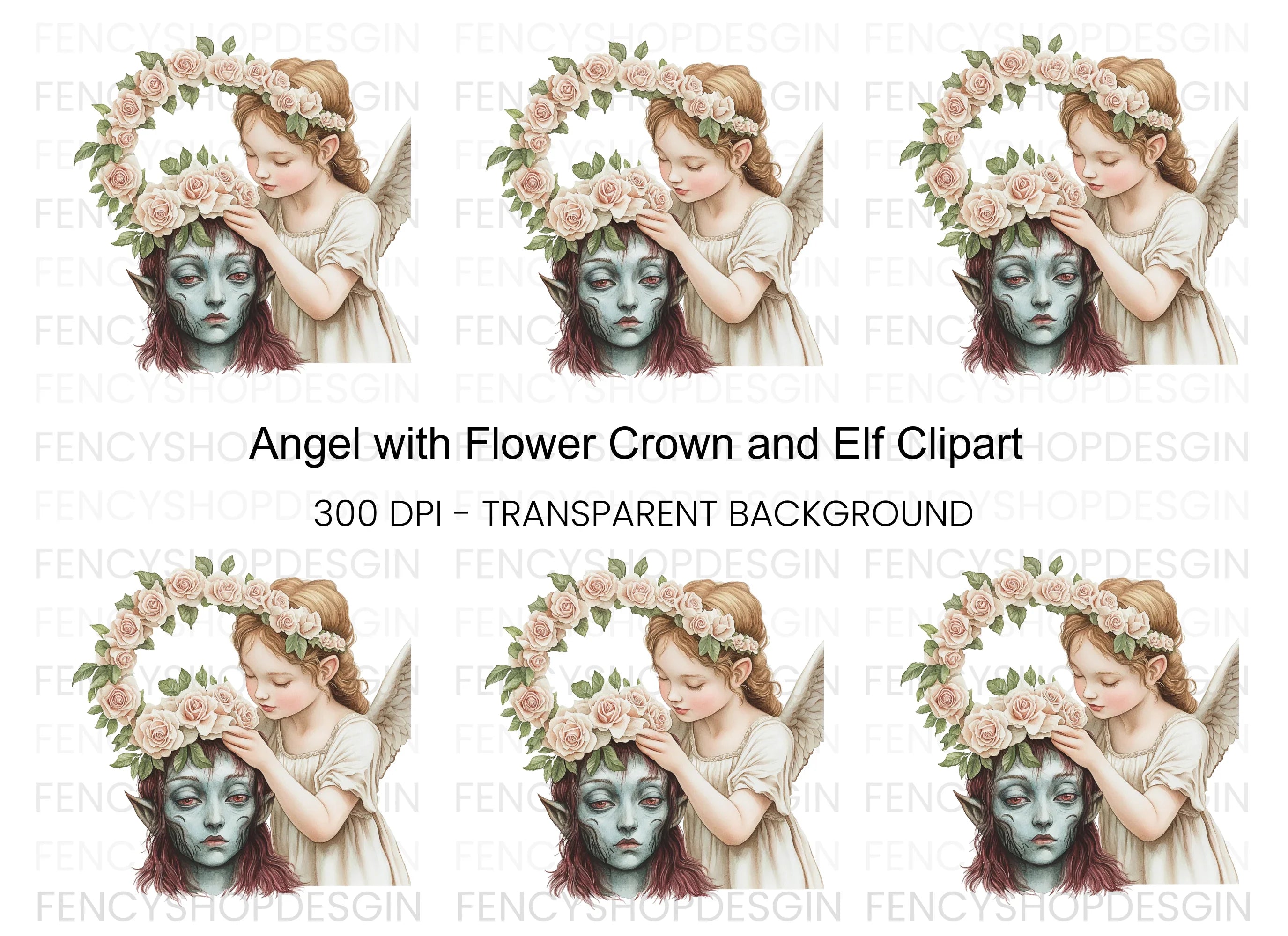 Angel and Elf with Flower Crown Clipart Bundle