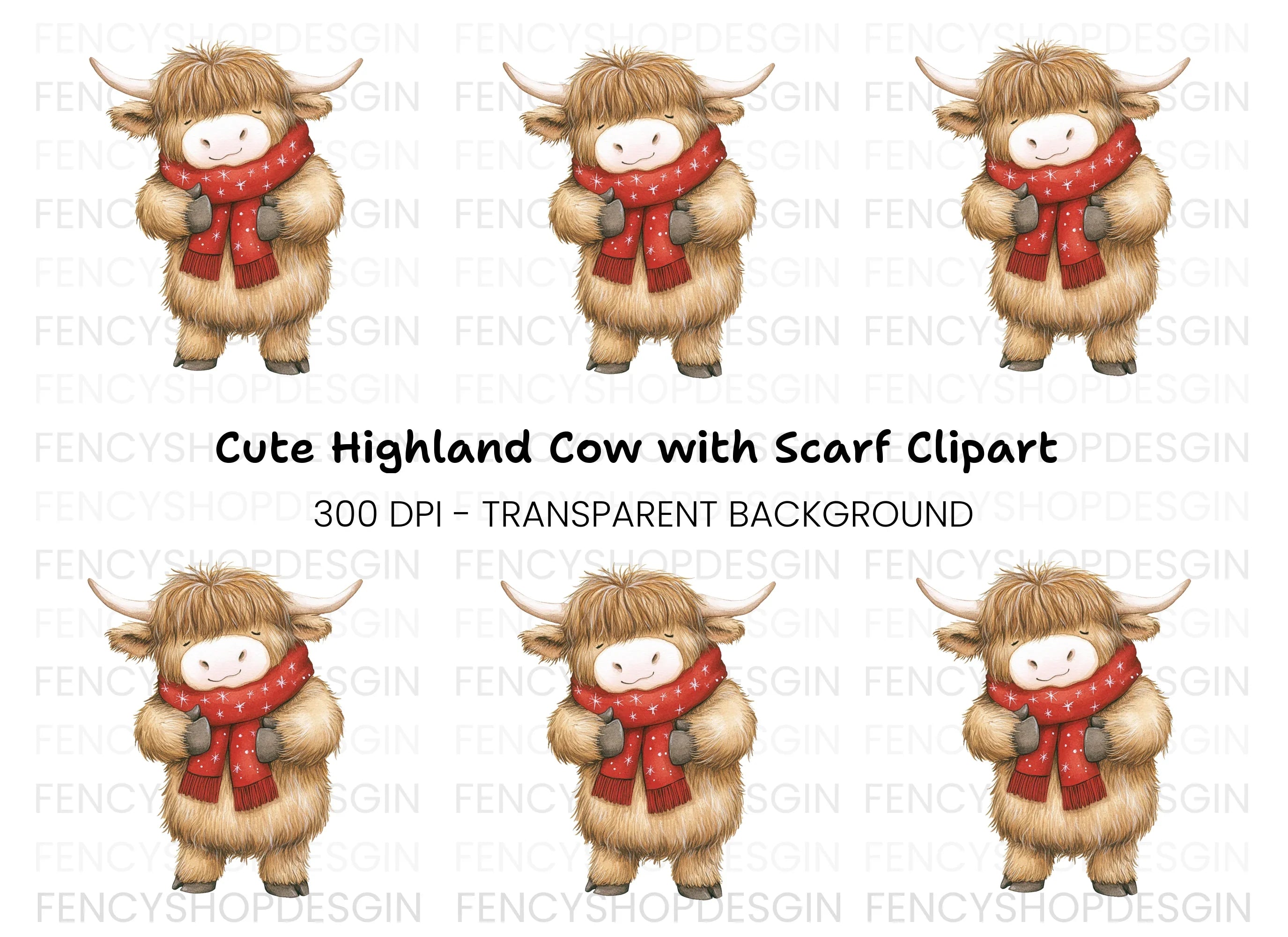 Cute Highland Cow with Scarf Clipart Bundle
