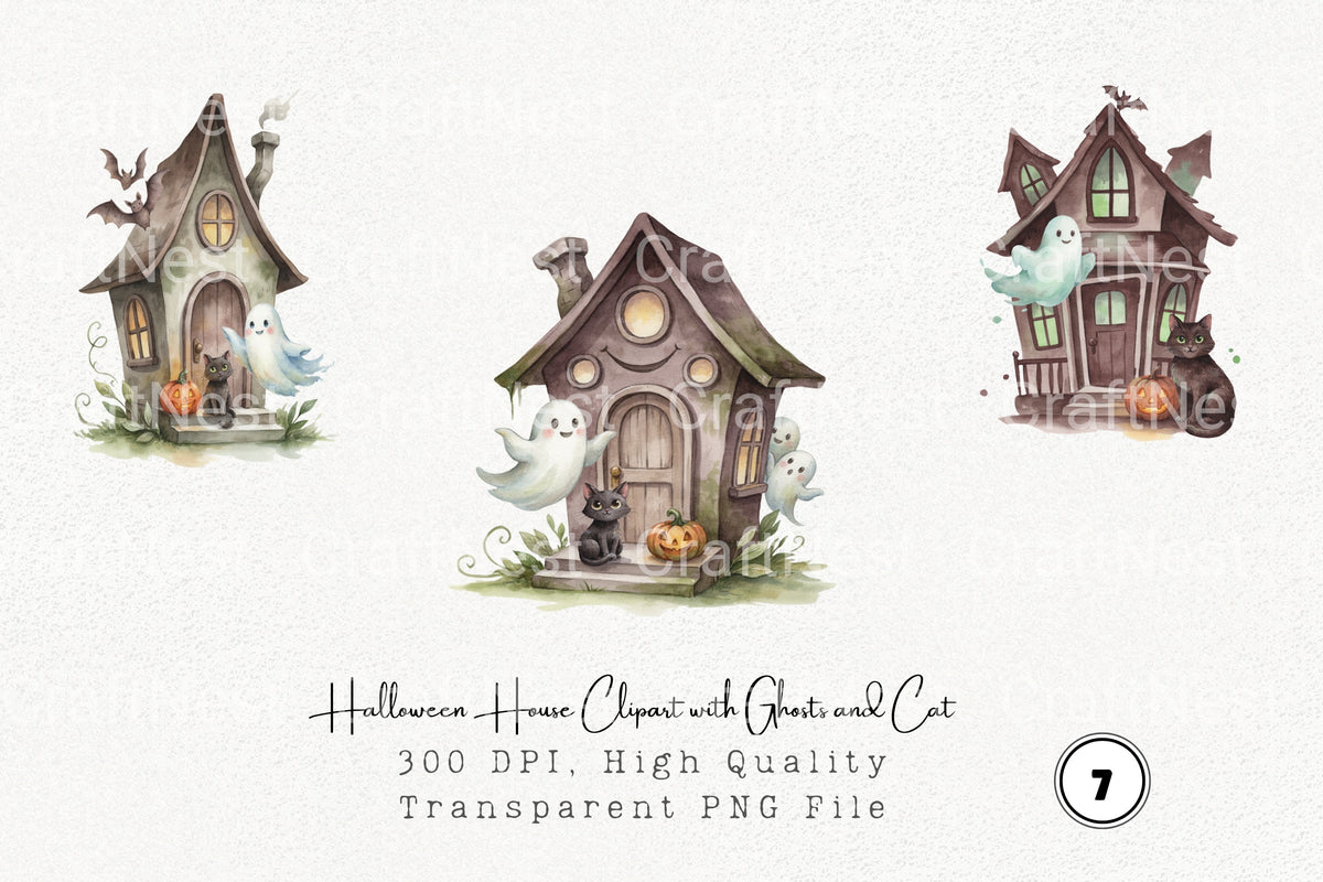 Halloween House With Ghosts And Cat Clipart Bundle