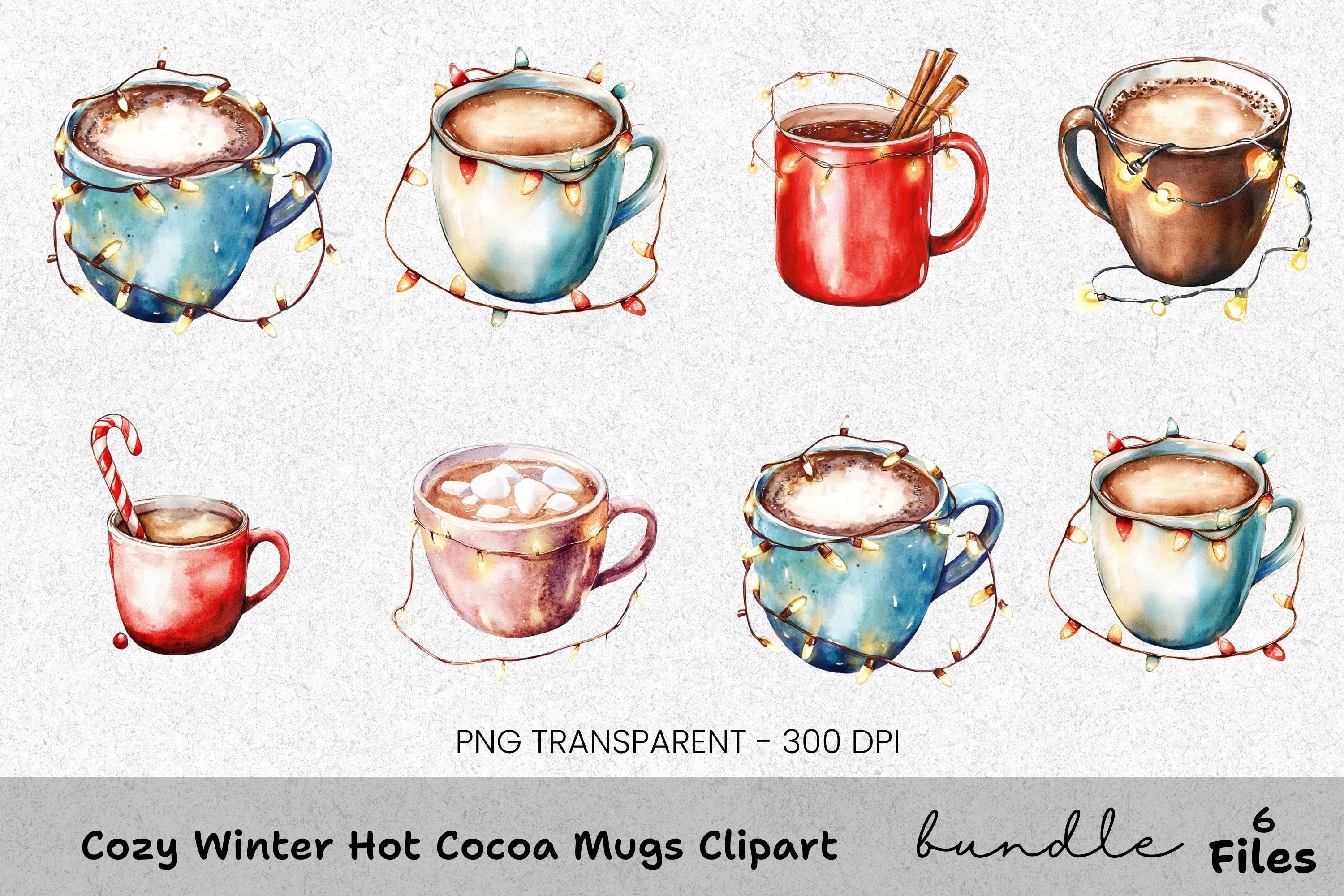 Hot Chocolate Mugs with Lights Clipart Bundle