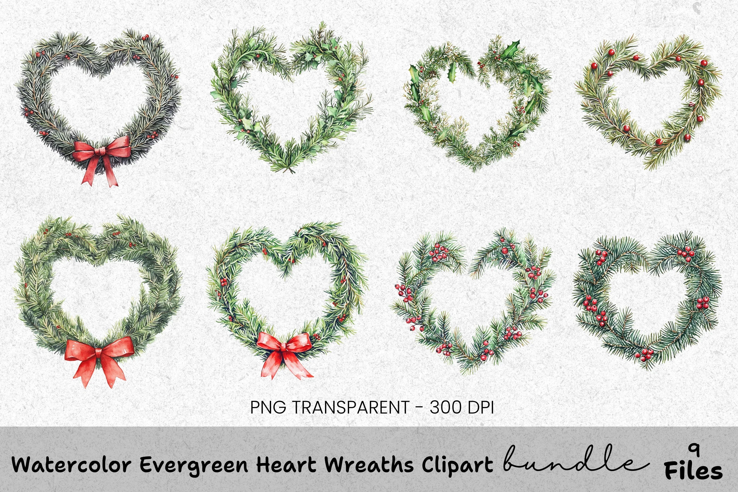 Evergreen Heart Wreaths Clipart Bundle