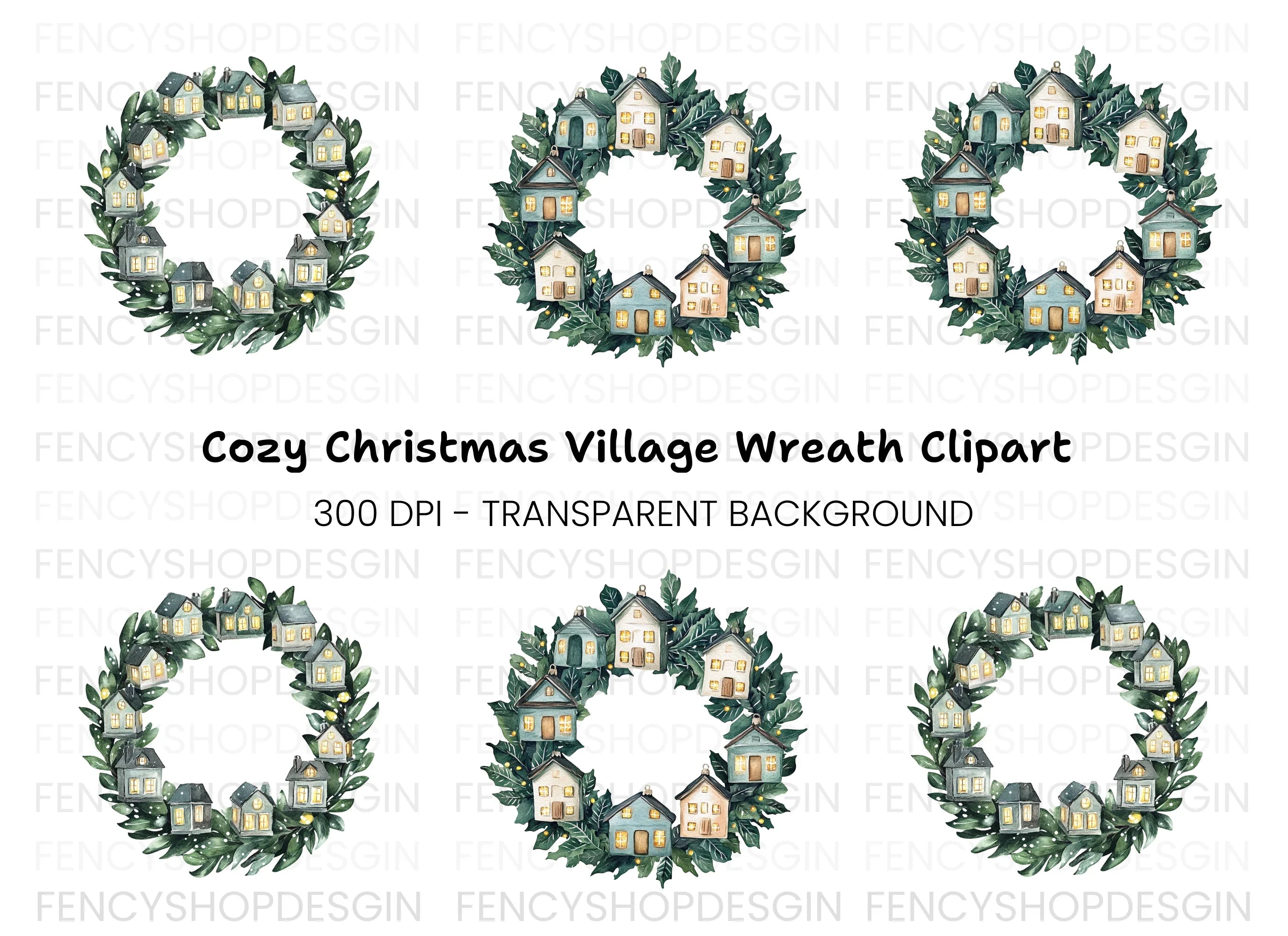 Christmas Village Wreaths Clipart Bundle
