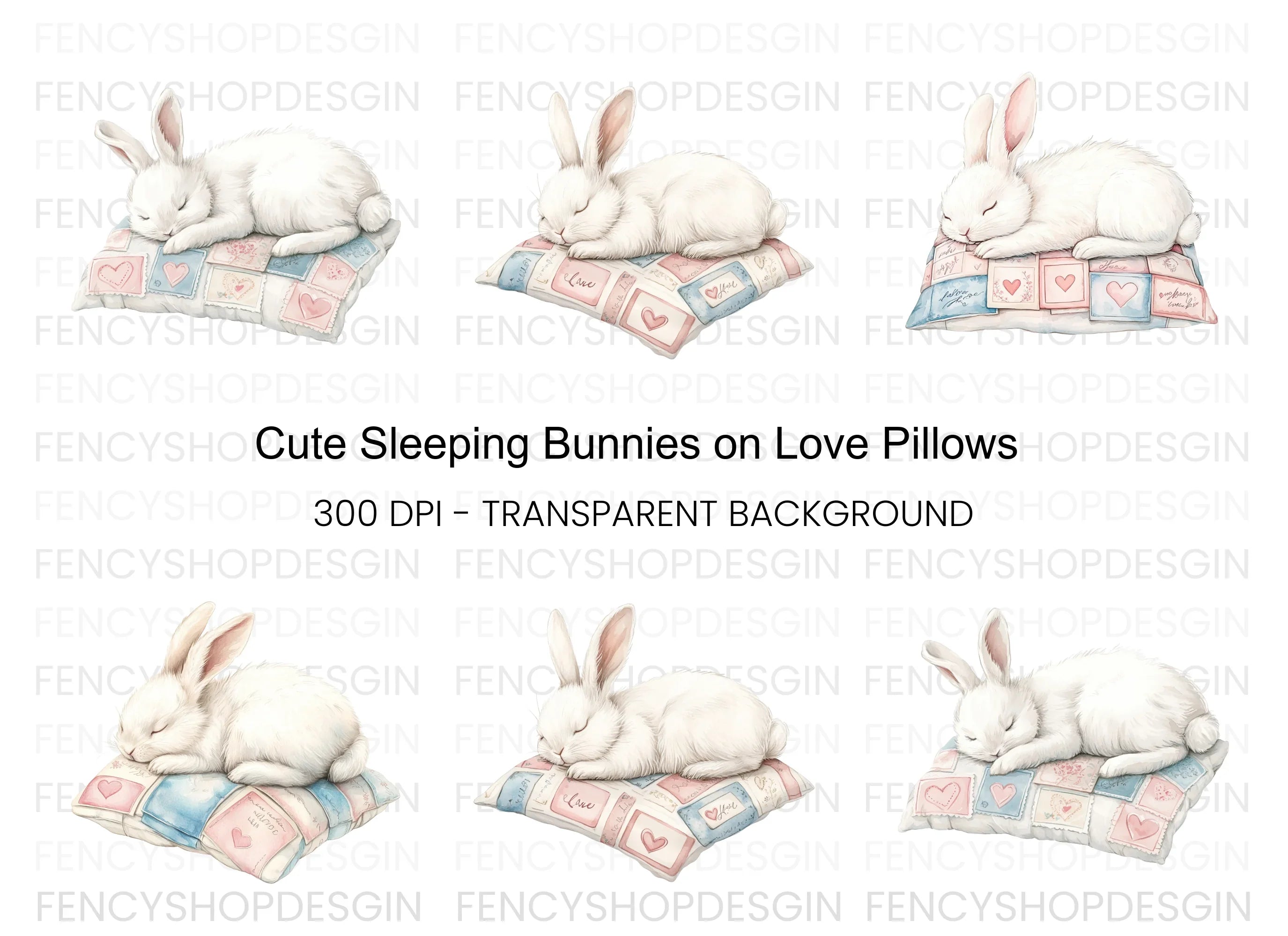 Sleeping Bunnies on Love Letter Pillows Clipart Bundle