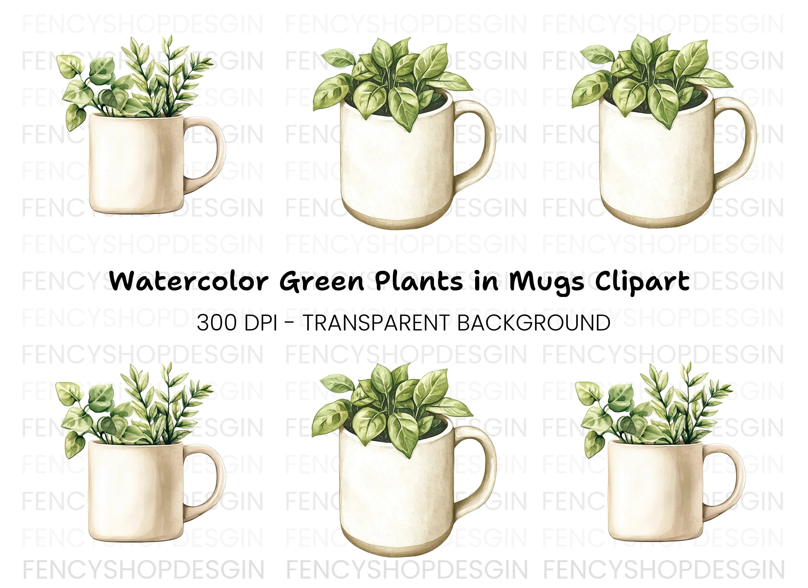 Potted Plants in Mugs Clipart Bundle