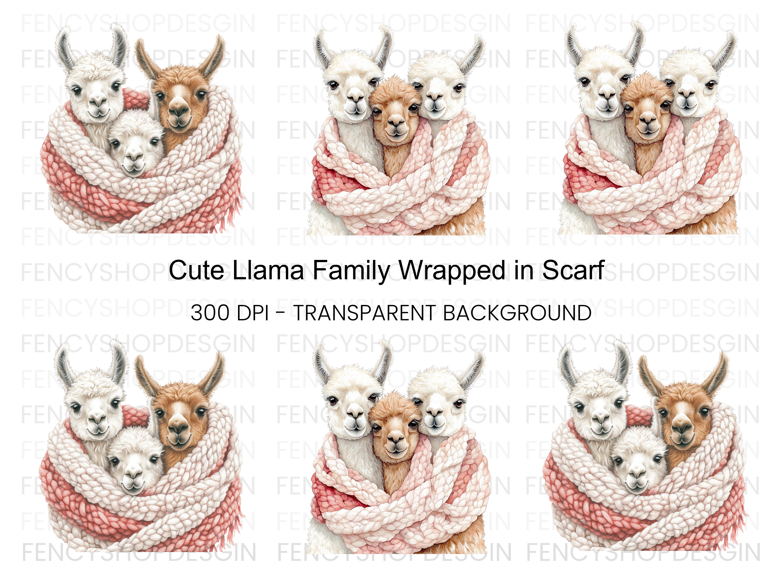 Cute Llama Family Wrapped in Scarf Clipart Bundle