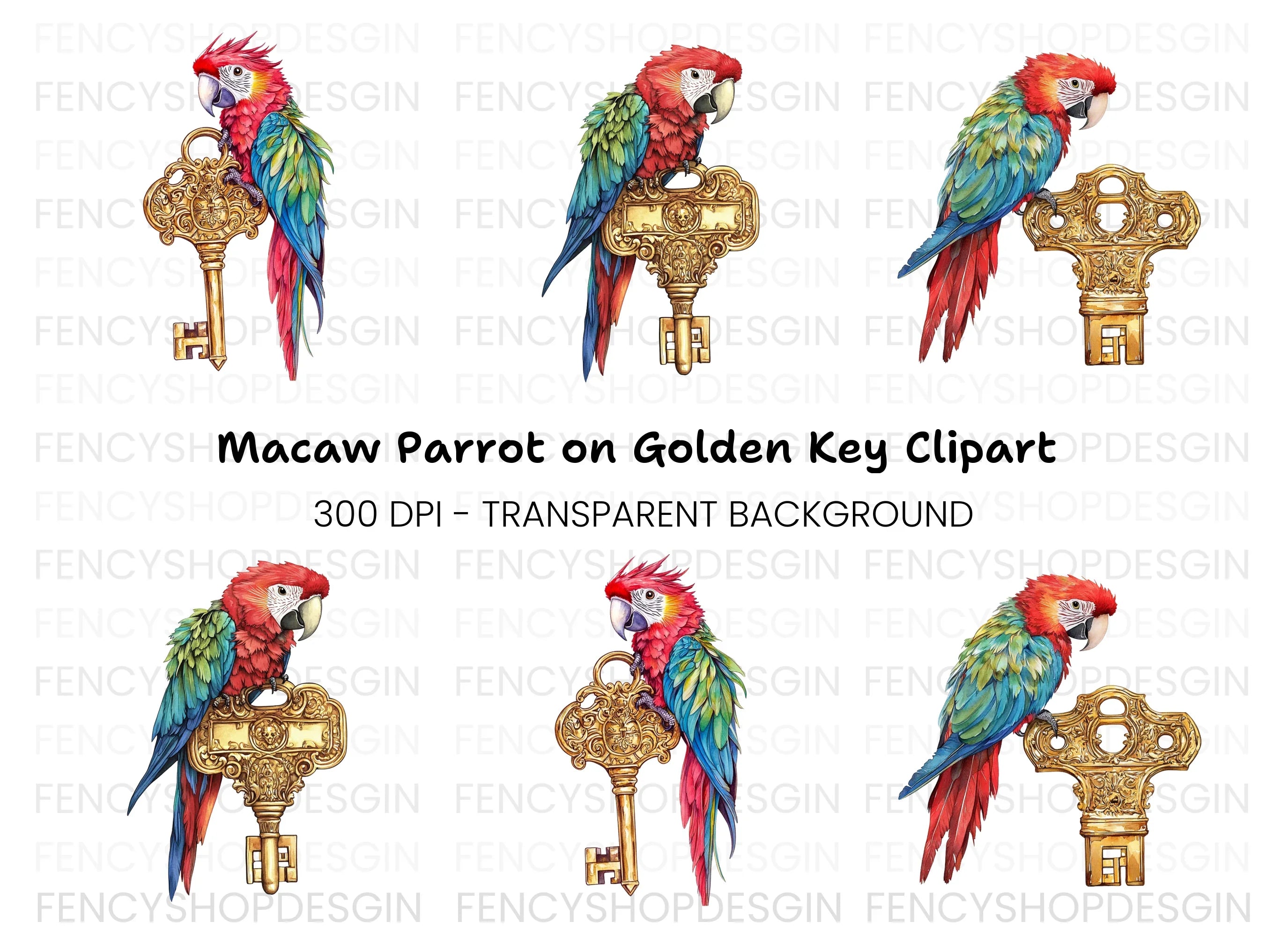 Macaw Parrots on Vintage Golden Keys Clipart Bundle
