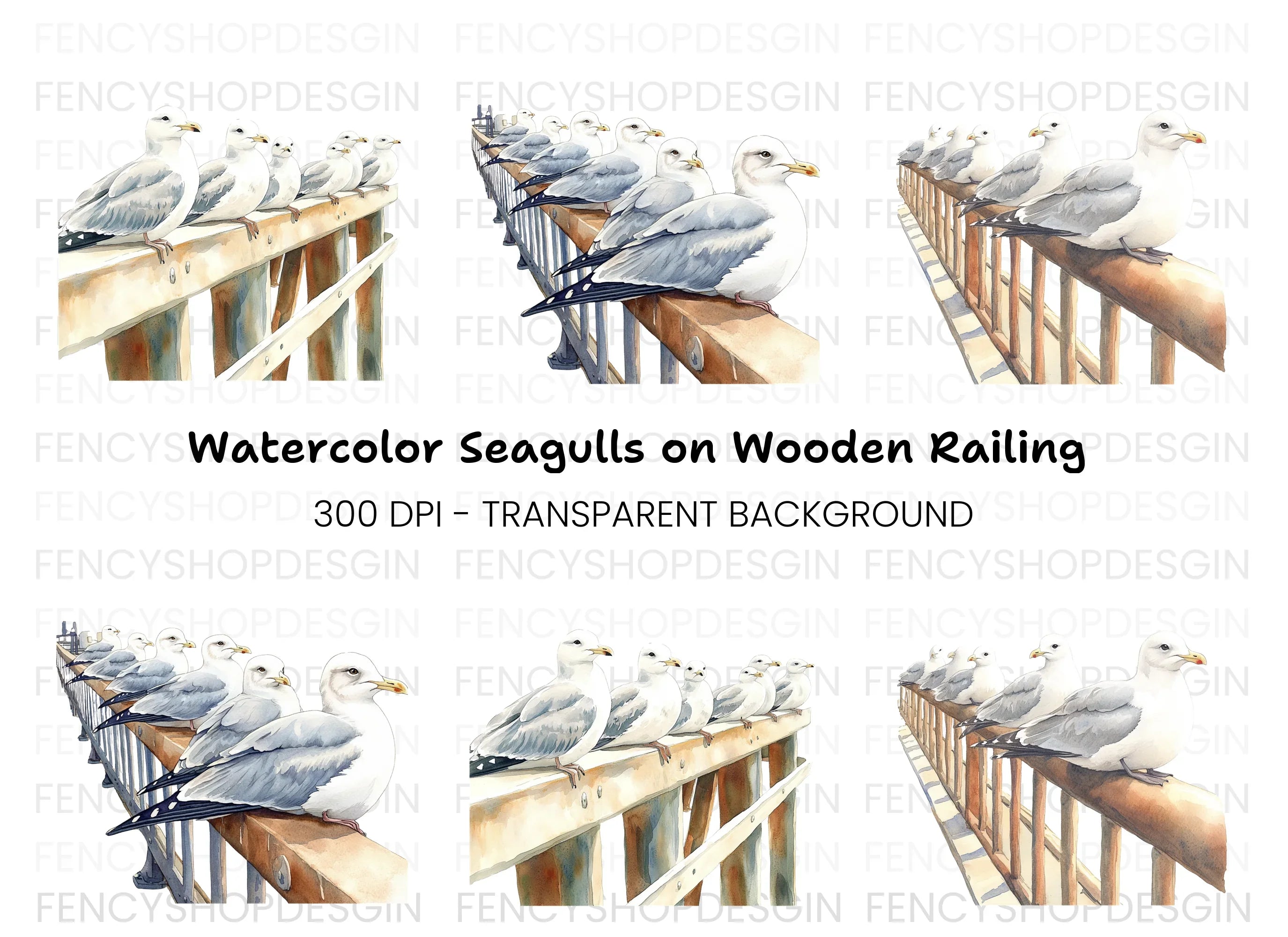 Flock of Seagulls on Railing Clipart Bundle