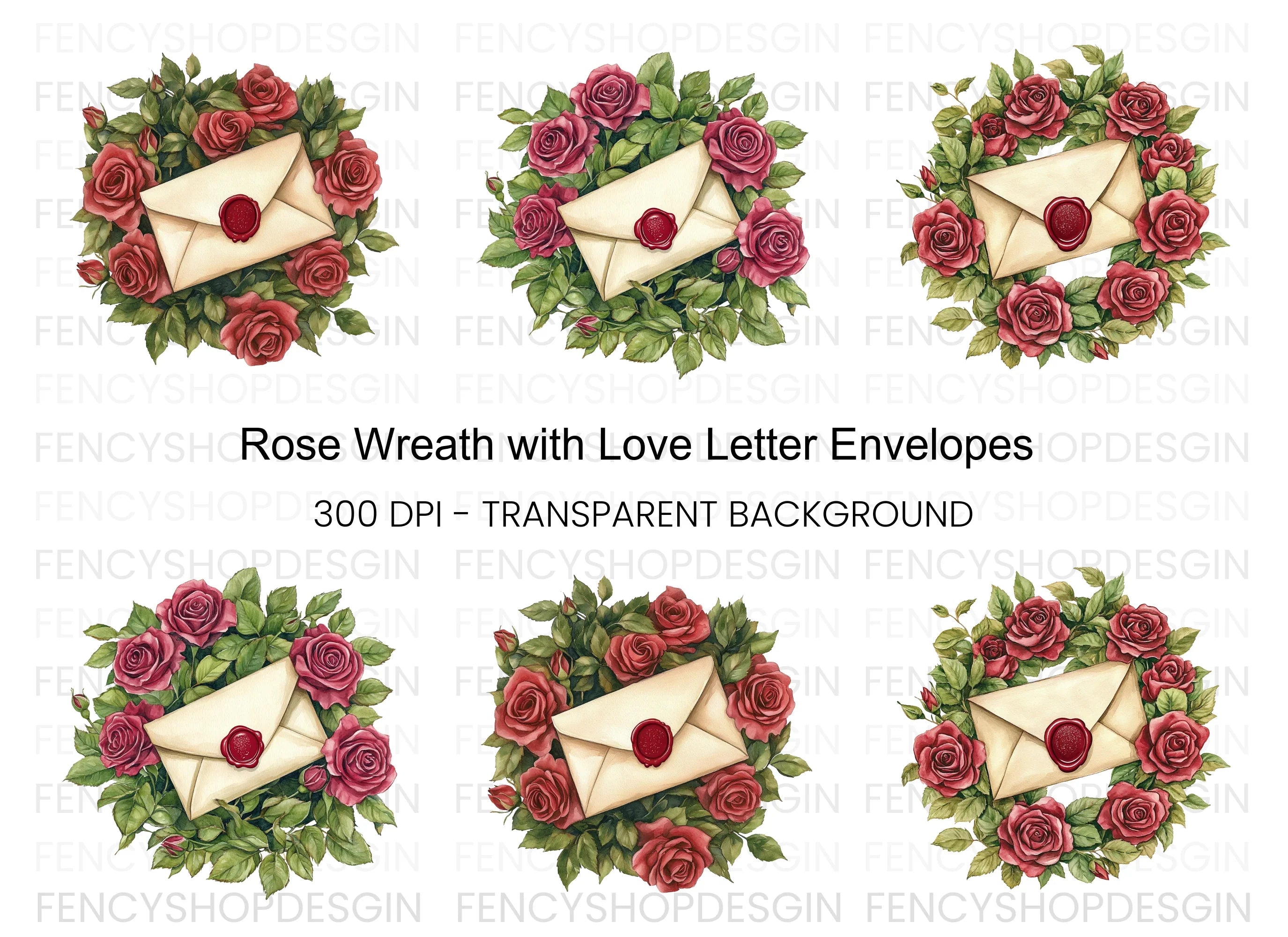 Vintage Rose Wreath Love Letter Clipart Bundle