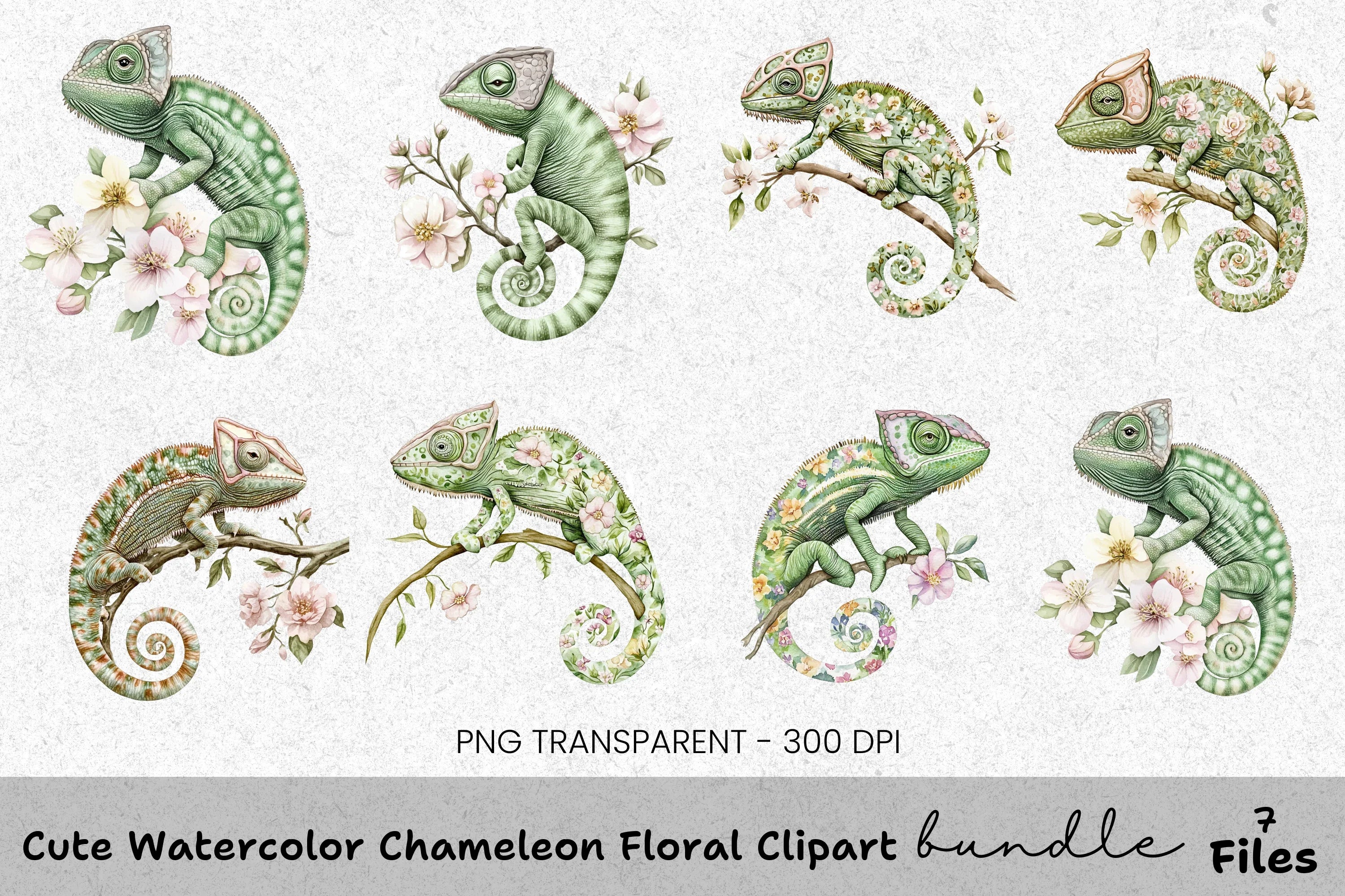 Cute Chameleon Floral Clipart Bundle