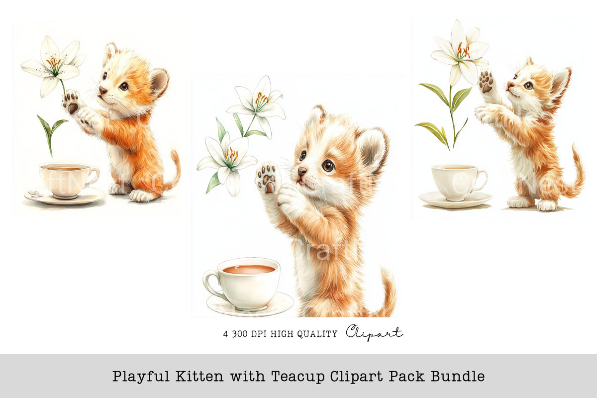 Playful Kitten With Teacup Clipart Bundle
