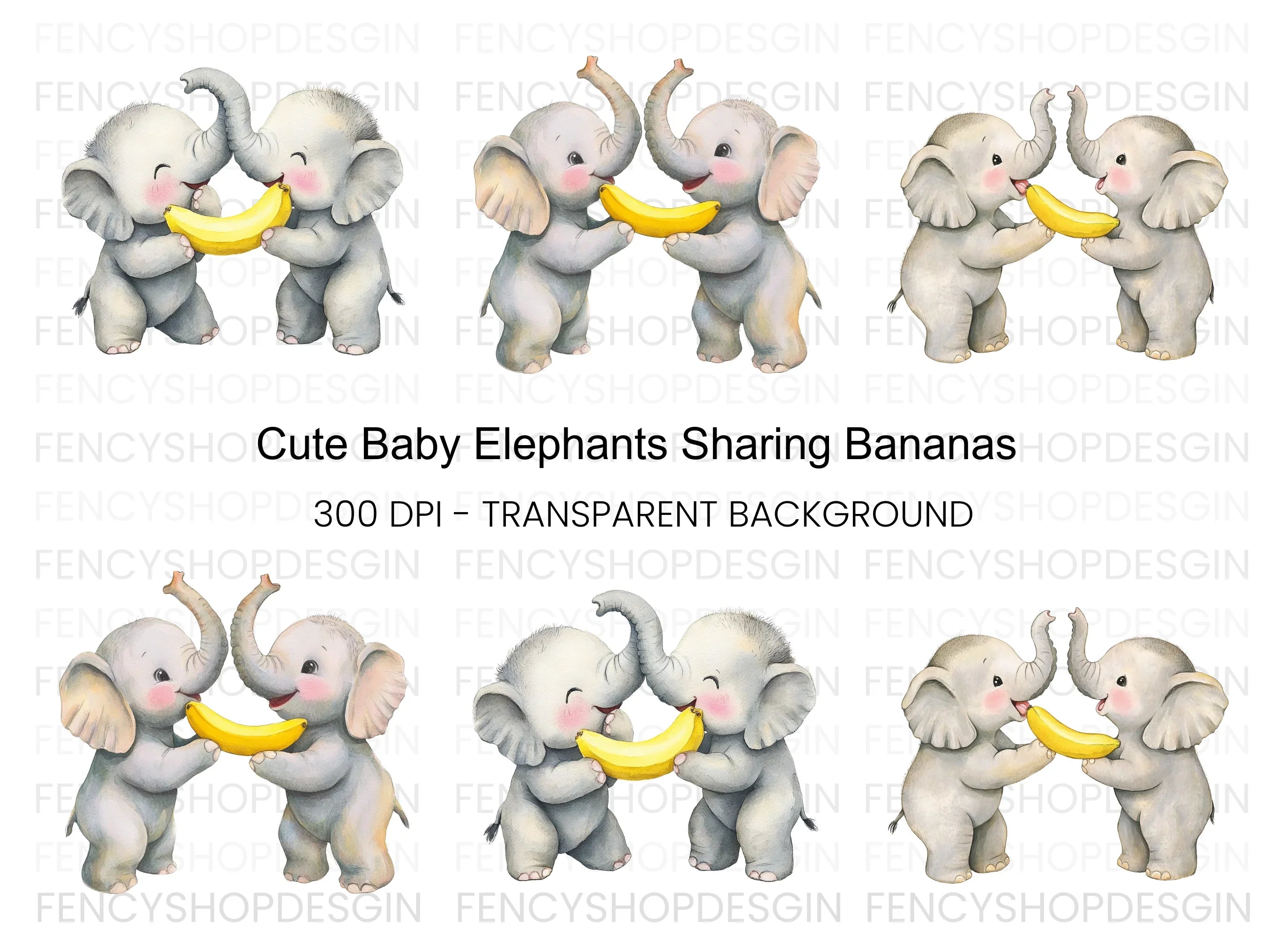 Cute Baby Elephants Sharing Bananas Clipart Bundle