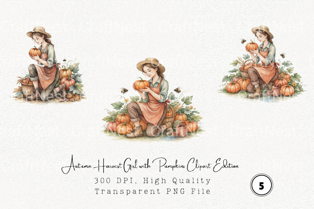 Autumn Harvest Girl With Pumpkins Edition Clipart Bundle