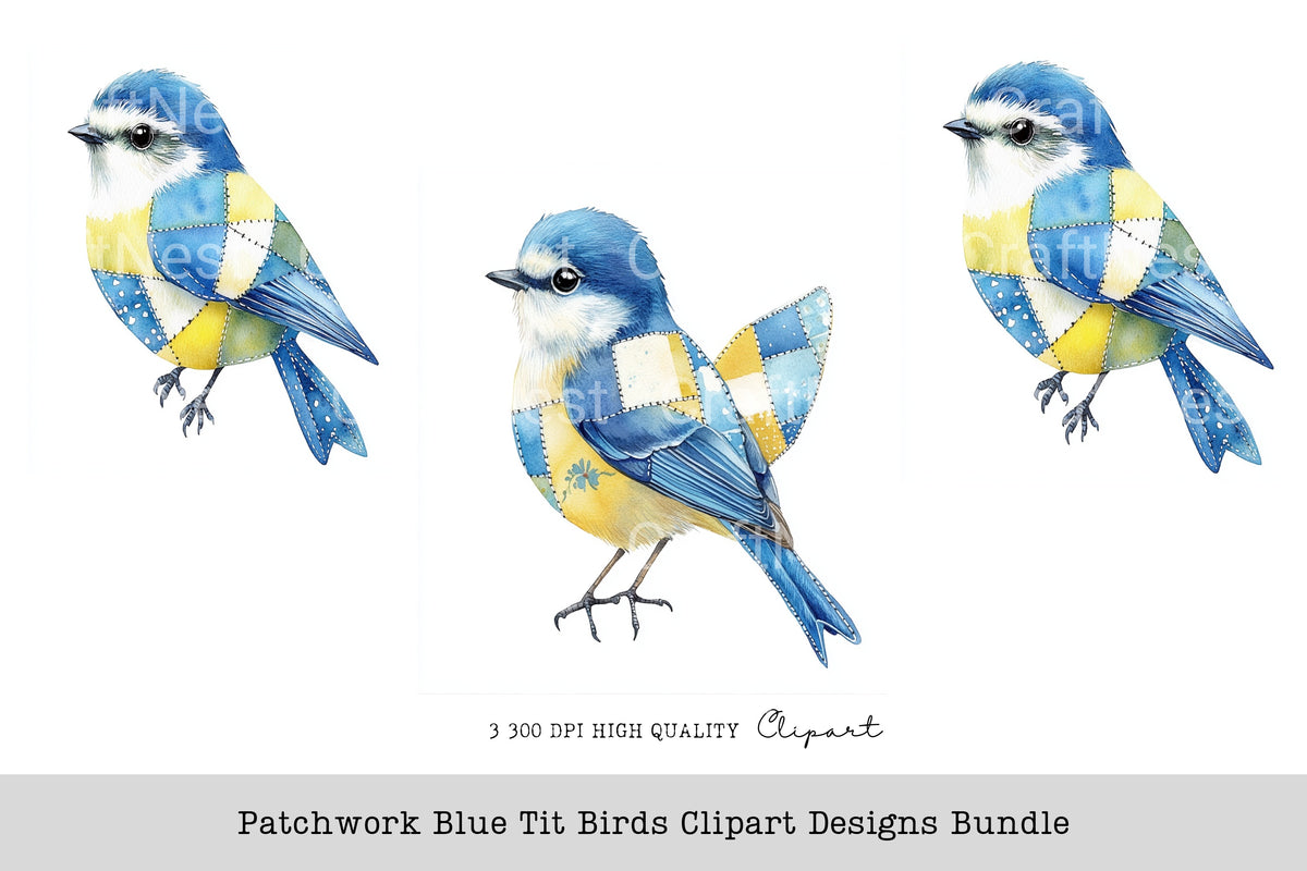 Patchwork Blue Tit Birds Designs Clipart Bundle