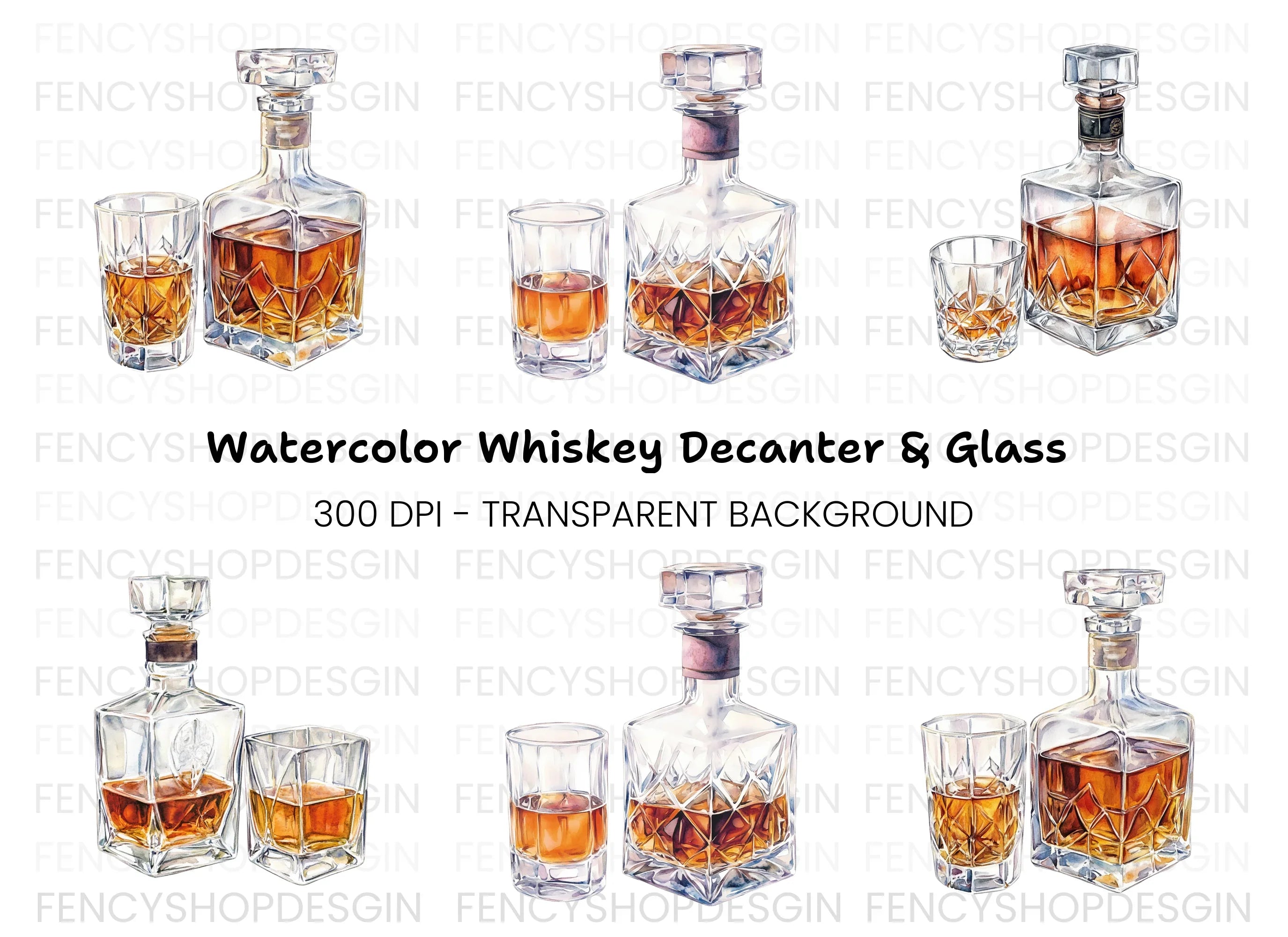 Elegant Whiskey Decanters and Glasses Clipart Bundle