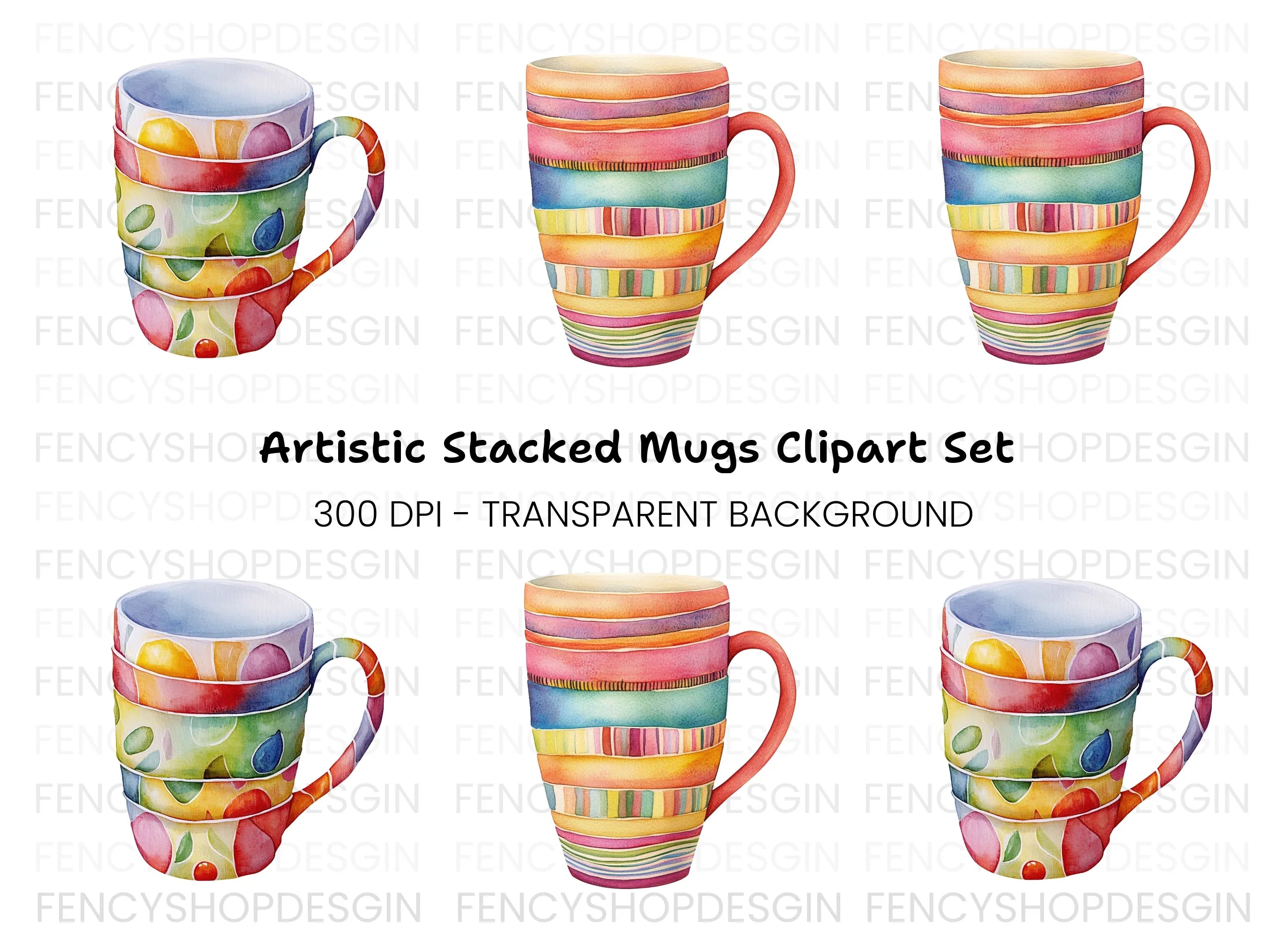 Stacked Striped Mugs Clipart Bundle