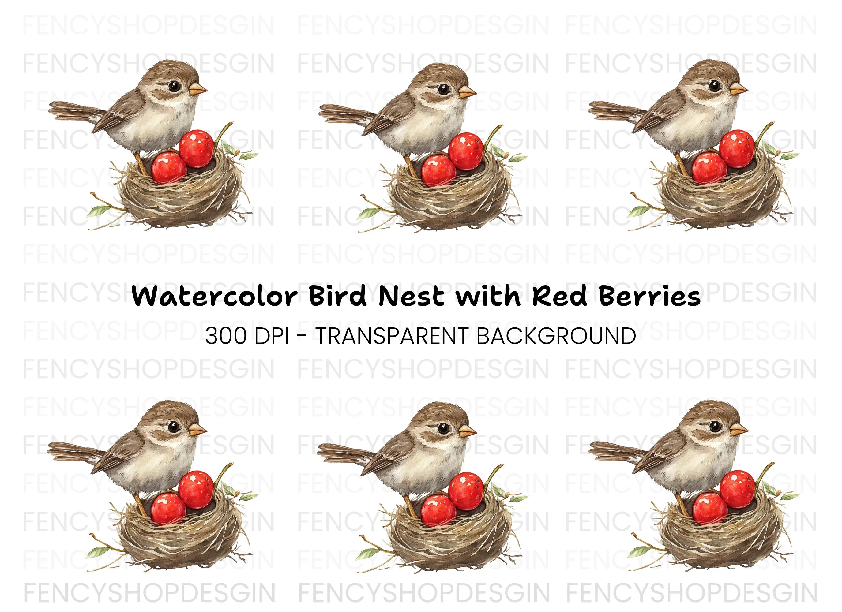 Cute Bird in Nest with Red Berries Clipart Bundle