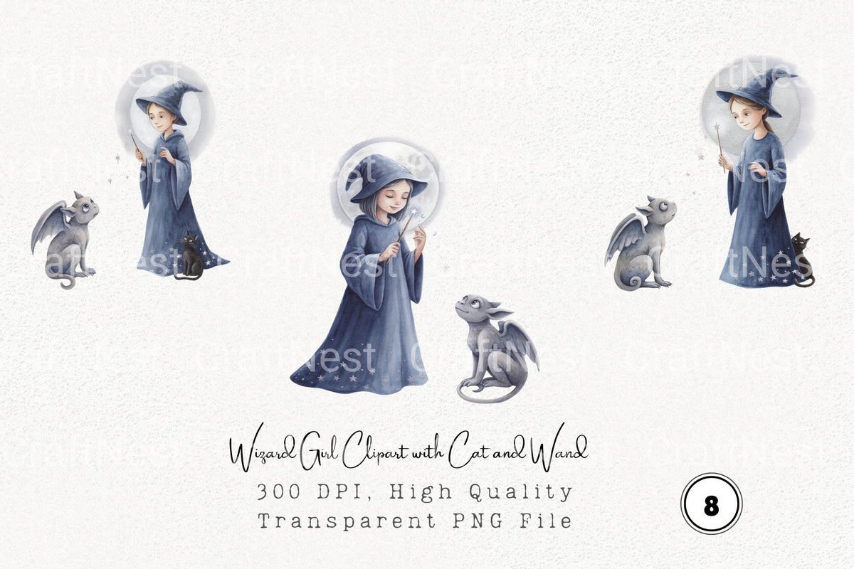 Wizard Girl With Cat And Wand Clipart Bundle