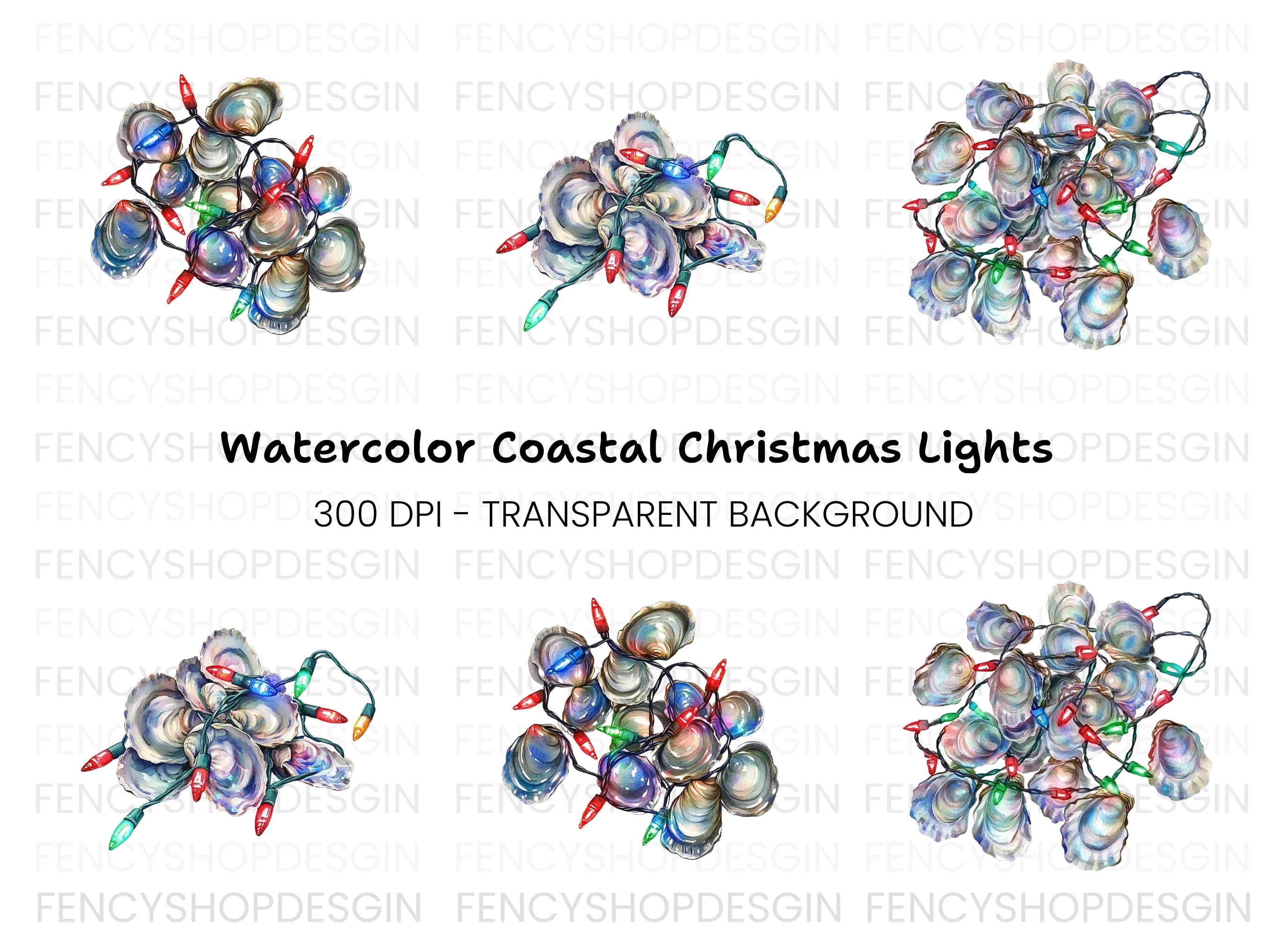 Oyster Shells Christmas Lights Clipart Bundle
