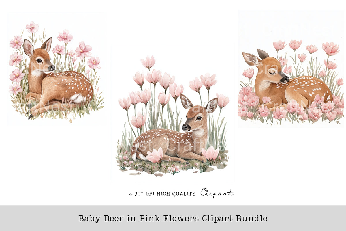 Baby Deer In Pink Flowers Clipart Bundle