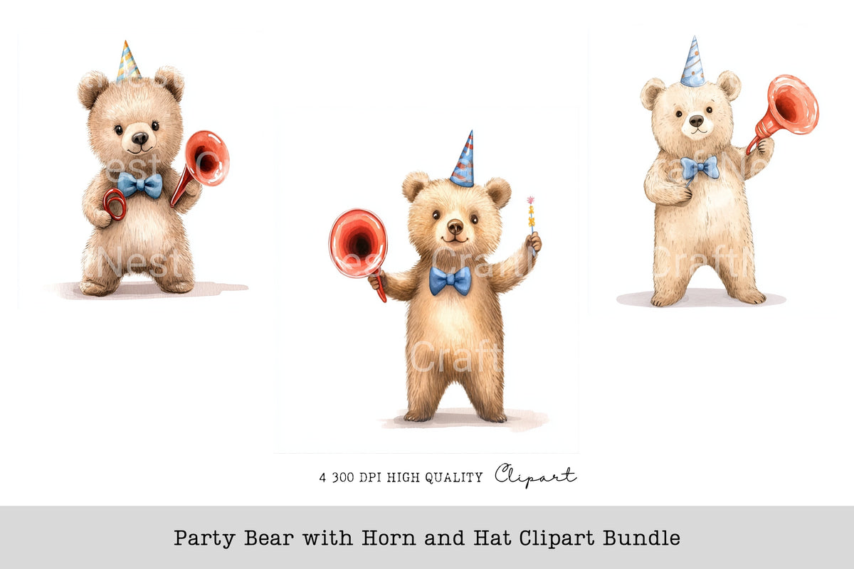 Party Bear With Horn And Hat Clipart Bundle