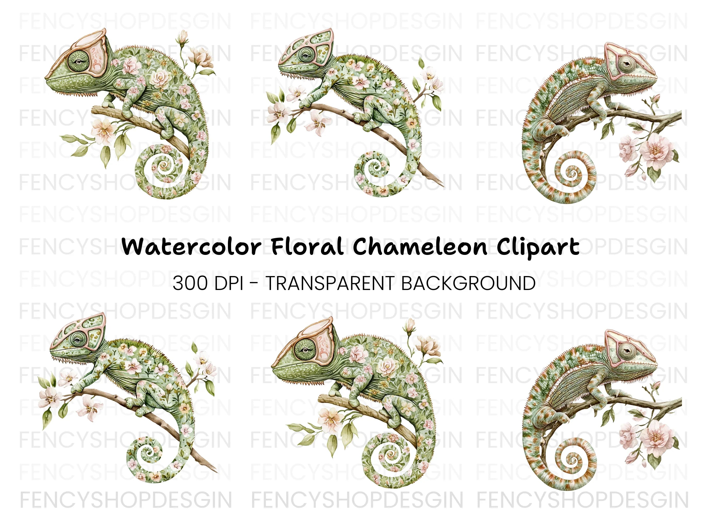 Floral Chameleon Trio Clipart Bundle