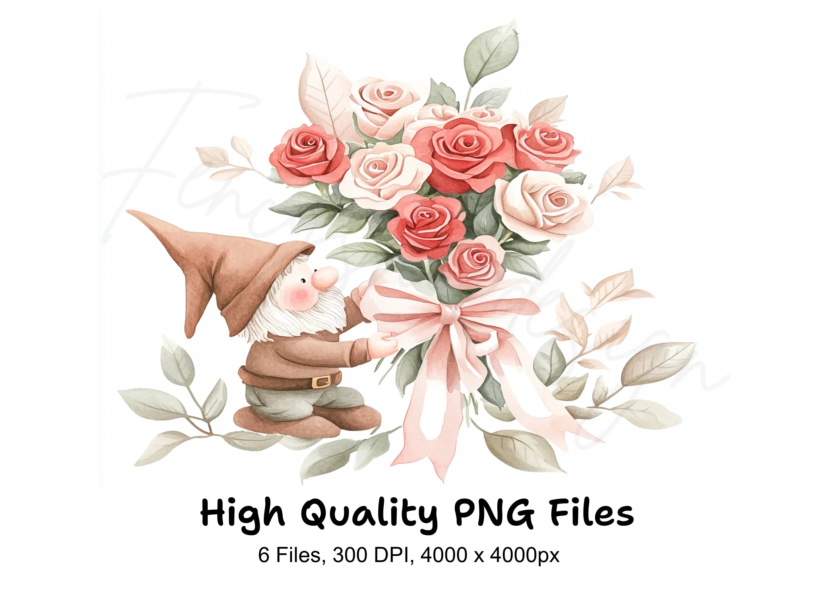 Gnome Holding Rose Bouquet Clipart Bundle