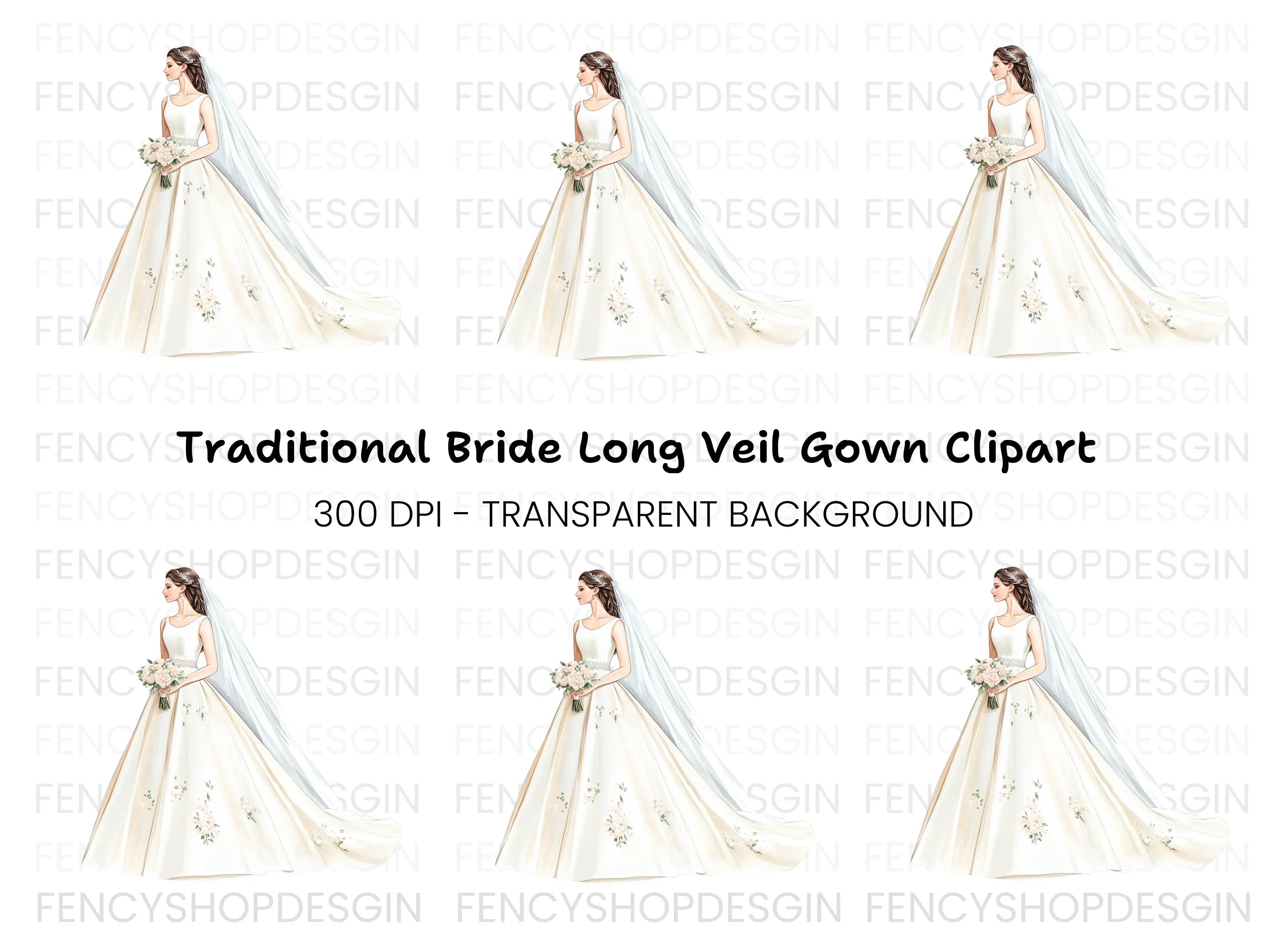 Graceful Bride with Veil and Floral Dress Clipart Bundle