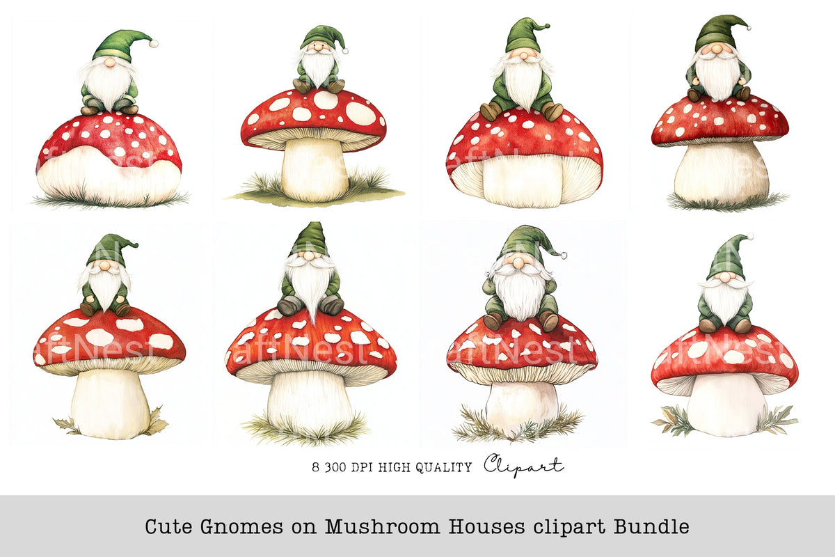 Cute Gnomes On Mushroom Houses Clipart Bundle