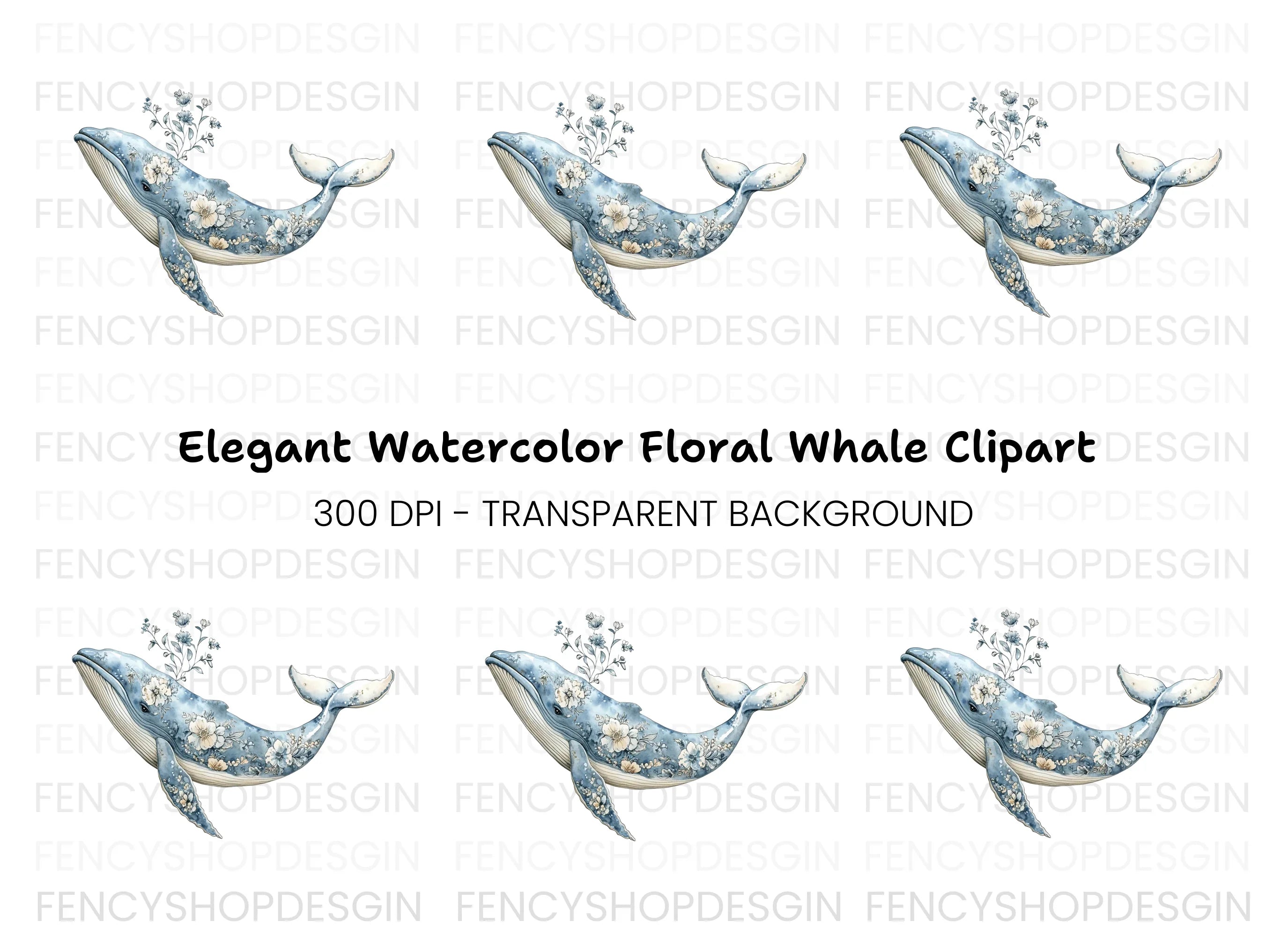 Elegant Blue Floral Whale Clipart Bundle